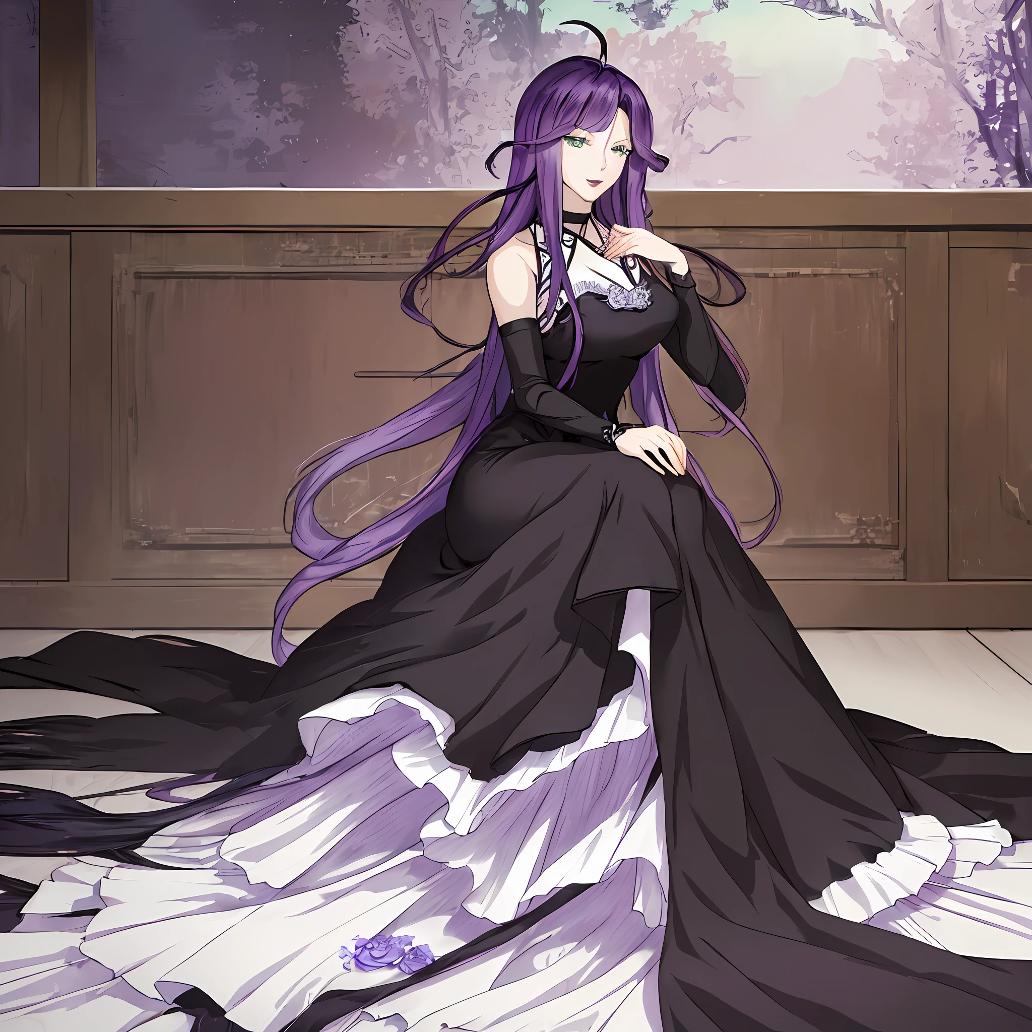 ((masterpiece, best quality)), ultra-detailed, high resolution, purple hair woman in black dress sitting on wooden floor with flowers, anime art style, elegant cinematic pose, elegant pose, beautiful and elegant pose, Anime gothic girl, green eyes.