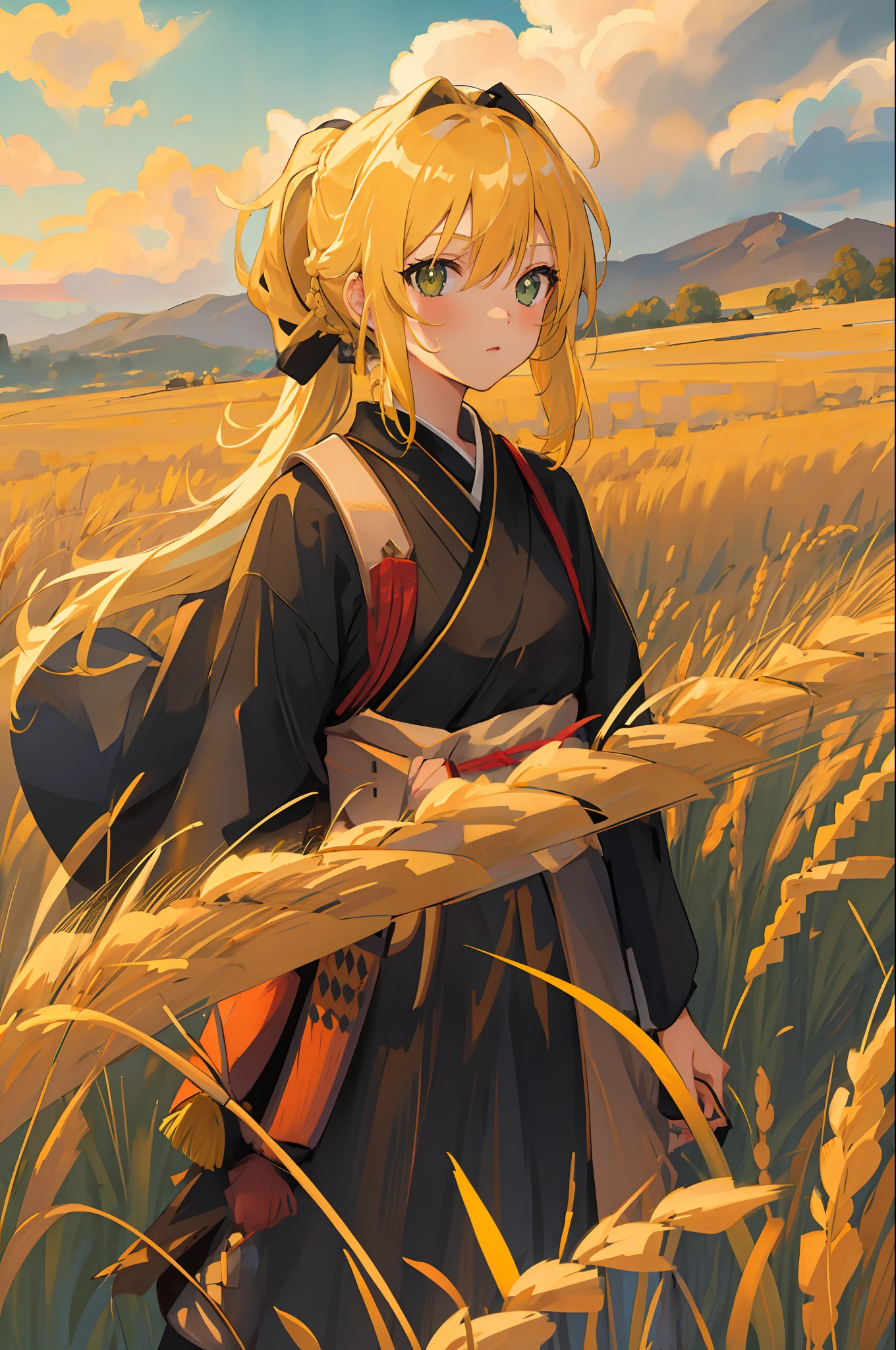 masterpiece, best quality, 1girl, portrait, yellow hair, ponytail, green eyes, samurai, wheat landscape, sun, clouds, (neutral colors), (hdr:1.4)