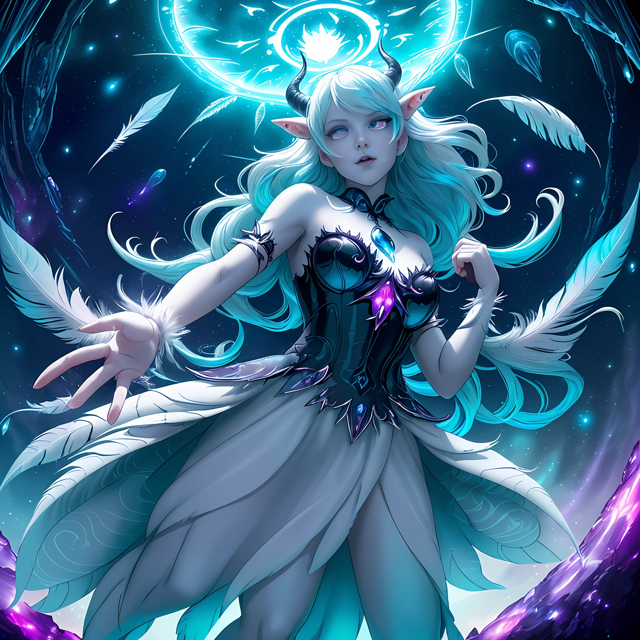 ((best quality)), ((masterpiece)), ((realistic)), full body portrait, {tanned skin}, {lillith}, 1girl, (((celestial))), deity, {devil horns}, {delicate and beautiful filigree gothic ball gown}, {teifling goddess}, light particles, halo, looking at viewer, (bioluminescent:0.95) ocean, bioluminescent, piercing glare, ice white bioluminescent eyes, vibrant, (((colourful))), color, (glowing, glow), (beautiful composition), cinematic lighting, intricate, (symmetrical:0.5), whimsical, {fisheye lens}, ((angle from below)), (((fisheye lens))), (((corrupted celestial feathers falling in background))), {hair flowing majestically in the wind}, ((age 24)), ahegao, (((age 32 face))), ((slender delicate face)), ((hands frantically reaching toward viewer)), ((seductive plot)), (((psychotic:evil expression)))