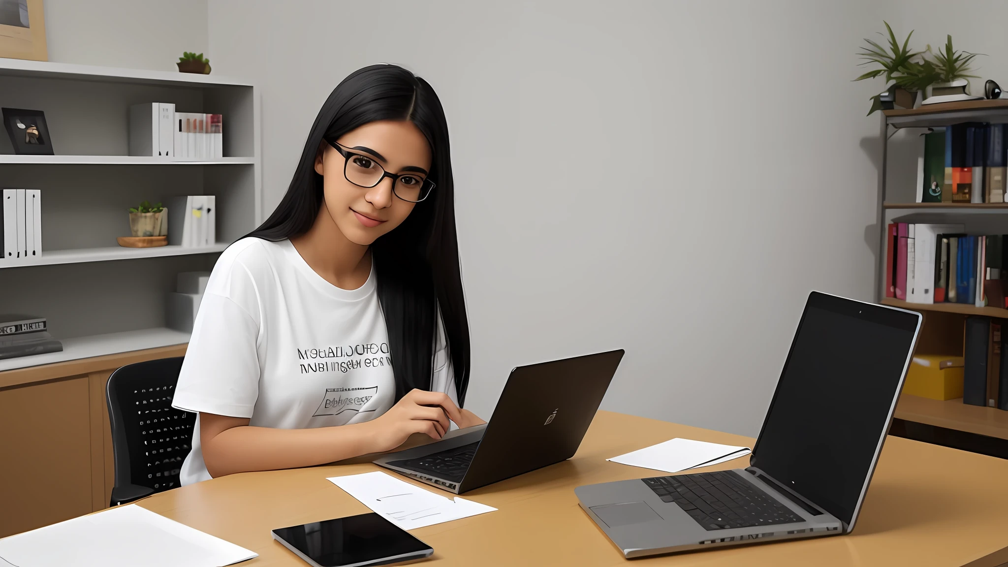 "Drawing spell: realistic portrait of a young Brazilian woman with Latin features. She is 20 years old, 1.60 m tall and weighs 65 kg. She has a round face, white skin, black eyes and long, straight, black hair, wears glasses with the clear frame. She is wearing a white T-shirt and is studying at a desk in a small office, looking at a laptop. The office has a bookshelf full of books, a professional camera and a silver laptop."