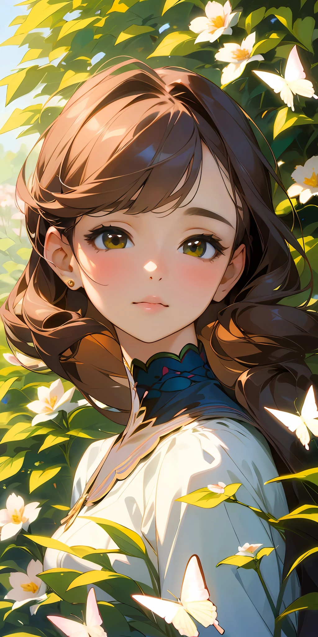 (best quality, masterpiece, ultra-realistic), portrait of 1 beautiful and delicate girl, with a soft and peaceful expression, the background scenery is a garden with flowering bushes and butterflies flying around.