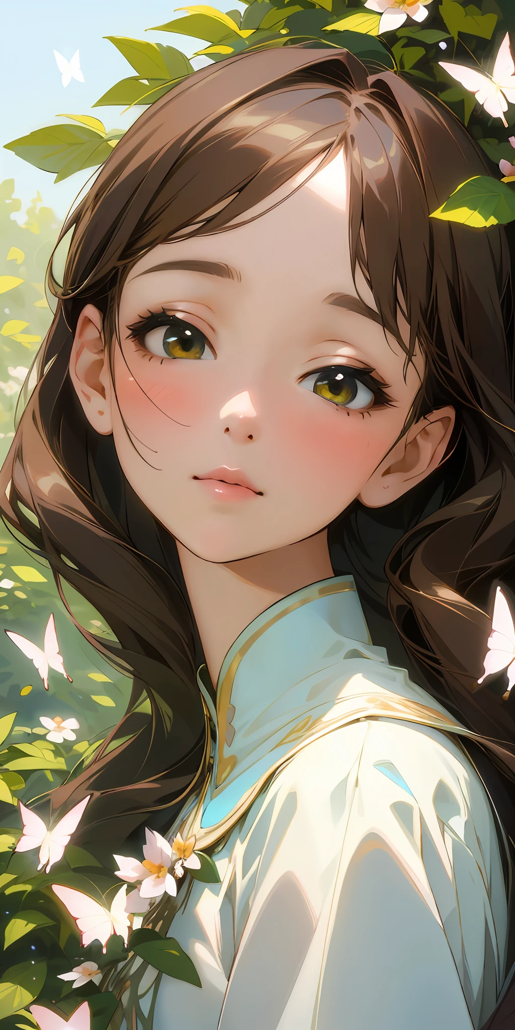 (best quality, masterpiece, ultra-realistic), portrait of 1 beautiful and delicate girl, with a soft and peaceful expression, the background scenery is a garden with flowering bushes and butterflies flying around.