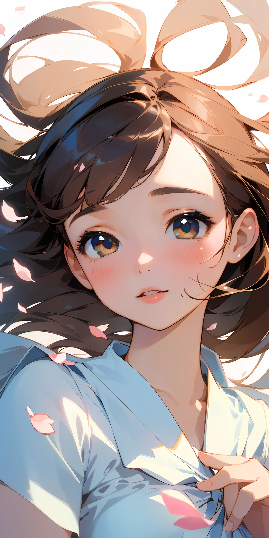 (best quality, masterpiece, ultra-realistic), 1 beautiful and delicate portrait of a girl, playful and cute, with floating petals in the background