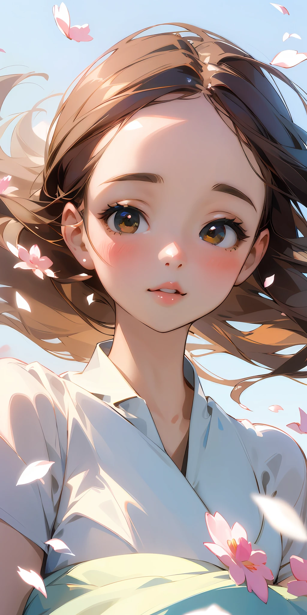 (best quality, masterpiece, ultra-realistic), 1 beautiful and delicate portrait of a girl, playful and cute, with floating petals in the background