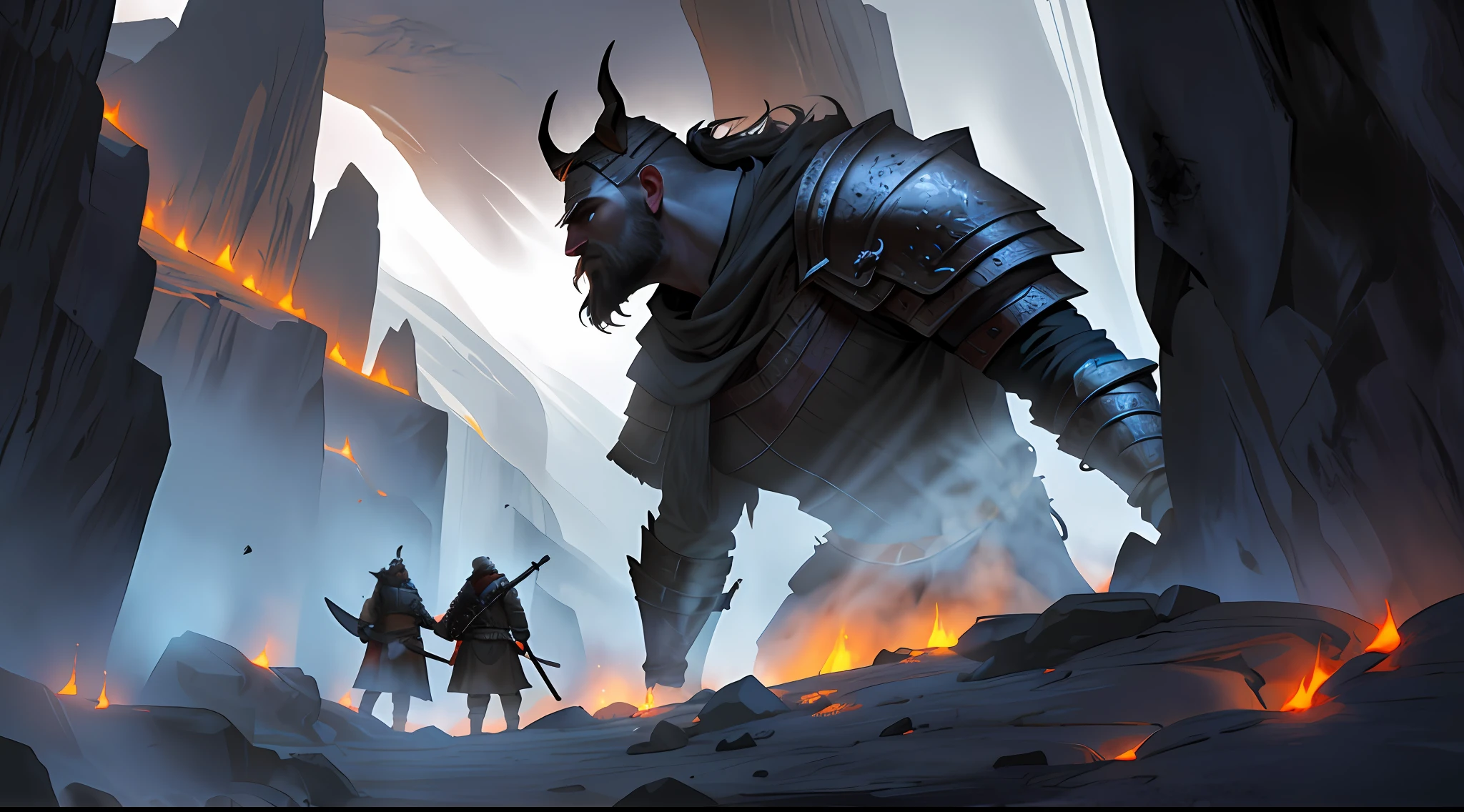 A Viking warrior facing a giant inside a dark cave lit only by flickering torches, the Viking wearing an expression of courage and defiance, wearing detailed armor and holding an imposing sword, the giant's shadow cast on the rocky walls, digital painting, realistic style with dramatic lighting
