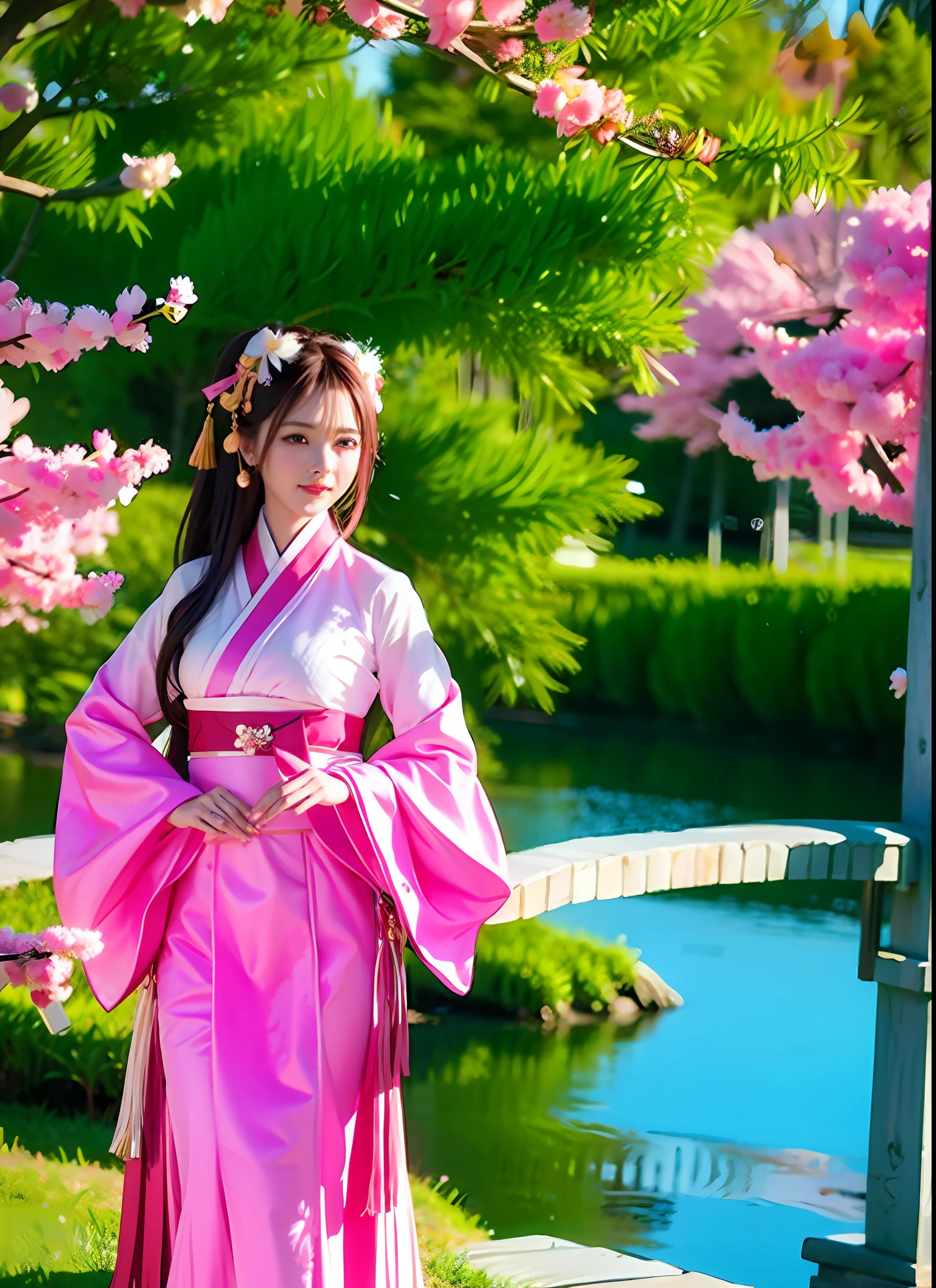 (Masterpiece, best quality), very detailed CG, 8K wallpaper, (1girl), beautiful girl wearing Tang style Hanfu, flushed face, bowknot, long hair, looking at the audience, hands on buttocks, standing in the park, daytime , Cherry blossoms, realistic photos, landscape scenery, Hanfu girls in light pink clothes, beautiful and moving.