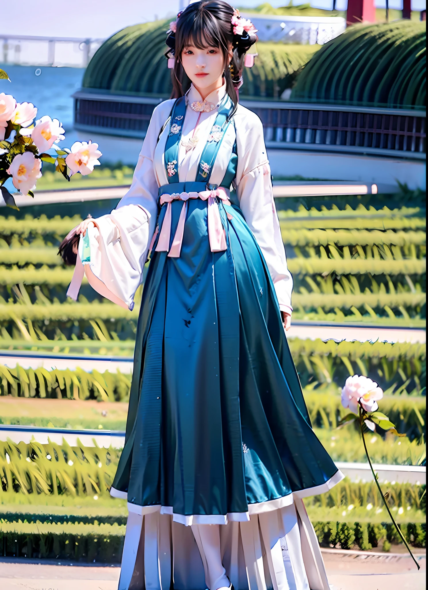 (Masterpiece, best quality), very detailed CG, 8K wallpaper, (1girl), beautiful girl wearing Tang style Hanfu, flushed face, bowknot, long hair, looking at the audience, hands on buttocks, standing in the park, daytime , Cherry blossoms, realistic photos, landscape scenery, Hanfu girls in light pink clothes, beautiful and moving.