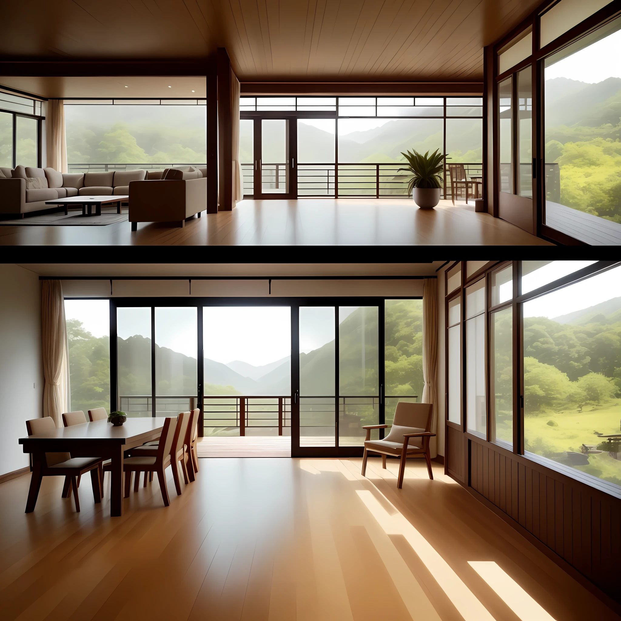 Very realistic, interior design, highly detailed wide angle architectural photography, cozy modern living room, (bright warm sunlight 1:0.1), award winning contemporary interior design, landscape, table, chairs, interior, wooden floor, windows, dining room , east asian architecture, sliding doors, lights, architecture, forest, nature, cups, plants, interior design, interesting light and shadow, depth of field, low light,,