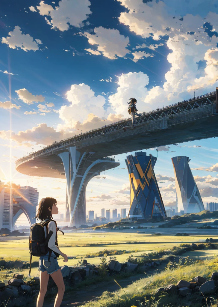 The vast sky, beautiful skyline, large grasslands, extremely tense and dramatic pictures, moving visual effects, the high-hanging Polaris, and colorful natural light. A long-sleeved top, denim shorts, and a girl with a backpack.