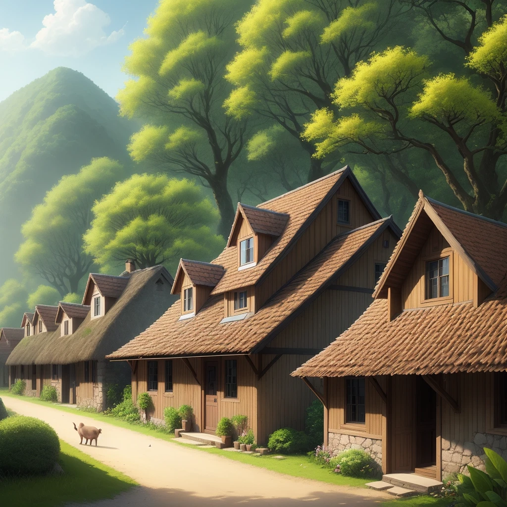 A village full of trees and beautiful houses with animals around and birds in the trees.