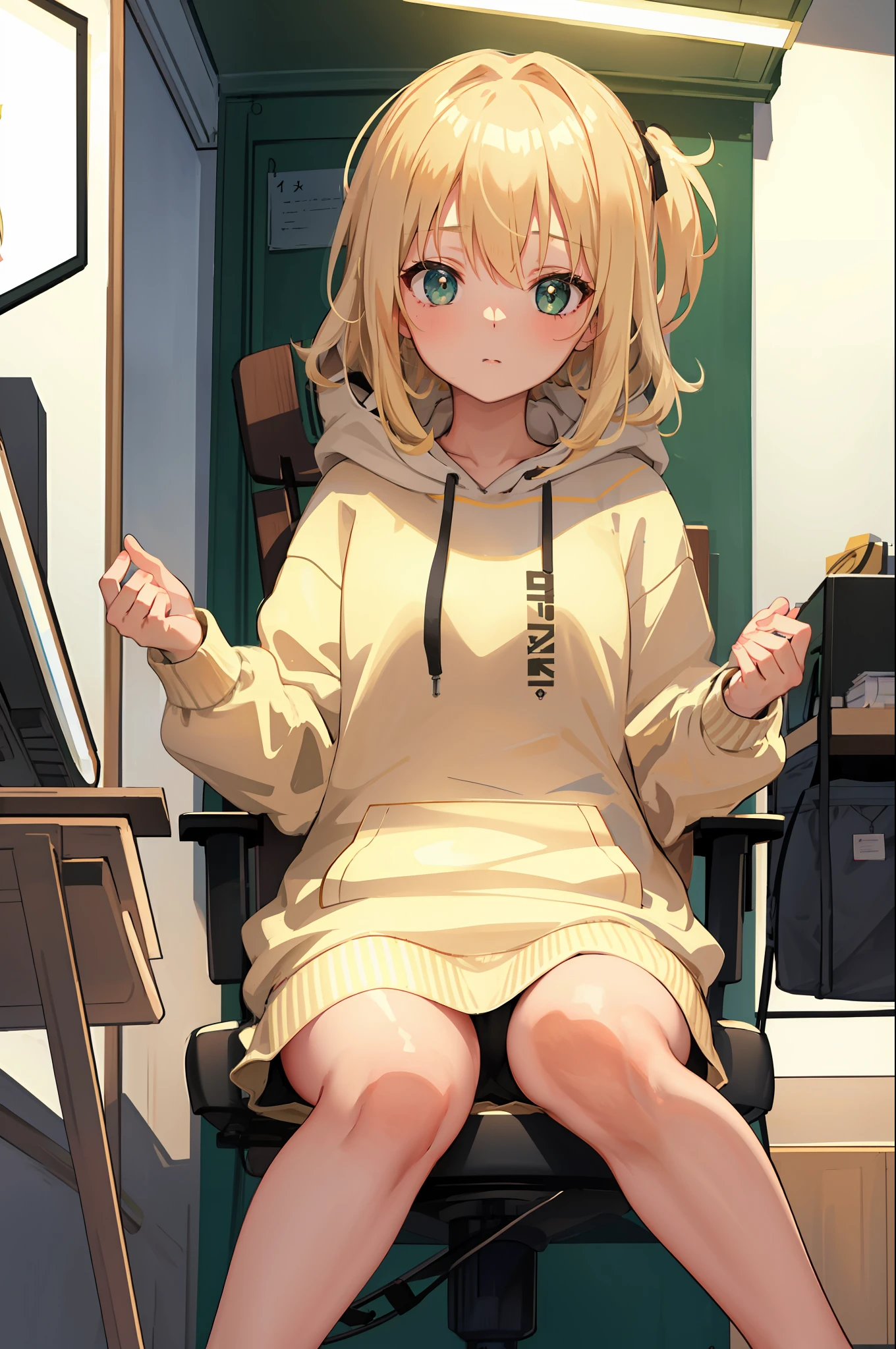 Masterpiece, best quality, sketch, a girl sitting in a chair desk, 1girl, loli, solo, solo focus, blonde hair, beige color hair, green eyes, (oversized hoodie, white hoodie), bedroom, backlight, close view, from below, low perspective, (8k)