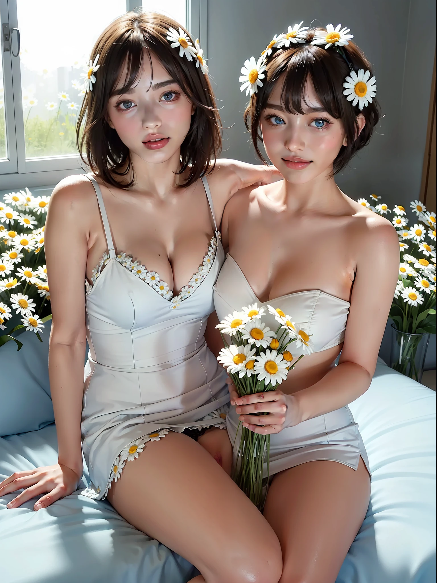 Best quality, masterpiece, ultra-high resolution (photorealistic: 1.4), raw photo, blue-eyed, 1 girl, from the shoulder, in the dark, semi-naked covering her chest with a hand, white lace underwear, ((light short hair, falling bangs over the eyes, deep shadow , low key, cold light ((sitting on the bed)) beautiful smile, ((many flowers, daisies))