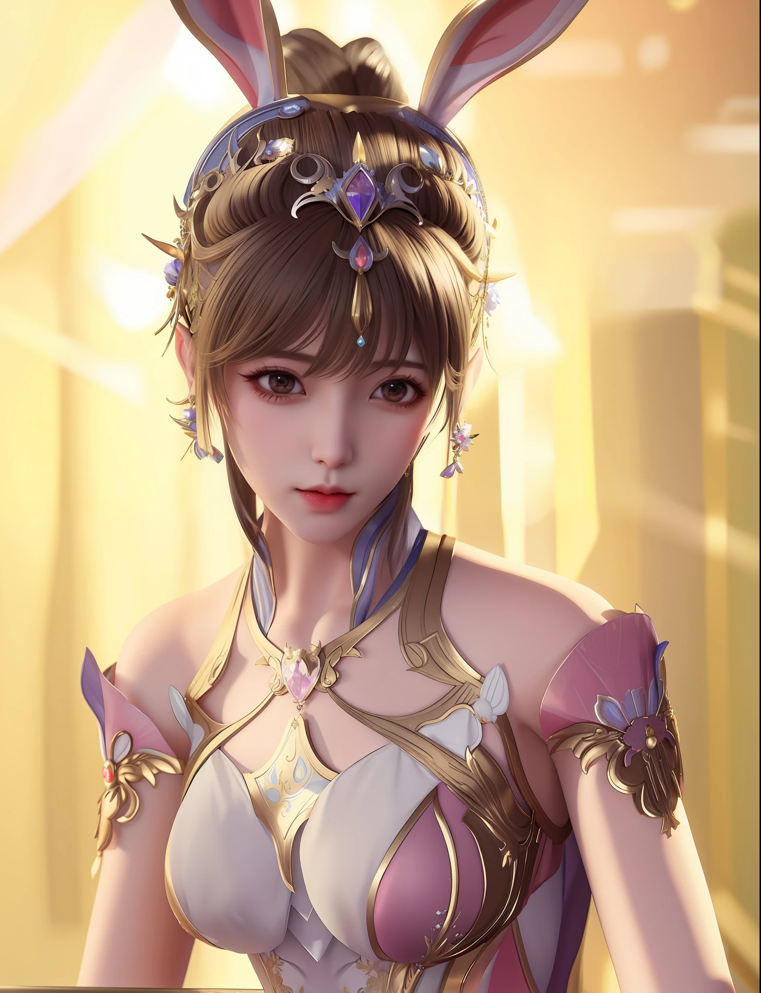 A full body shot of a woman in a rabbit costume with rabbit ears, a beautiful fantasy queen, ((a beautiful fantasy queen)), Yang Jie, Ruan Jia and artgerm, wlop and artgerm, artgerm; 3d unreal engine, artgerm and wlop, The beautiful and elegant elf queen, fantasy woman Douluo Dalu Xiaowu