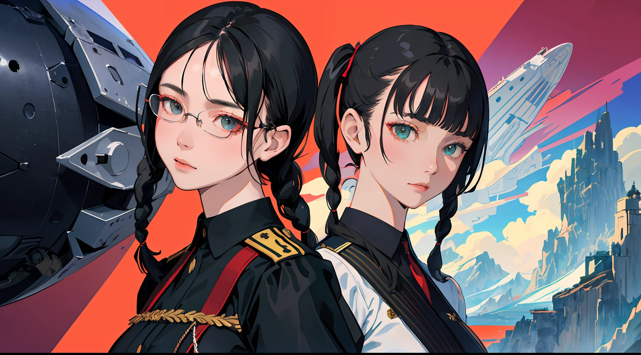 Beautifully detailed delicate face, beautiful detailed delicate eyes, perfect facial proportions, high-detailed skin, fine skin, best ratio four fingers to one thumb, masterpiece, detail High-detailed, realistic, (Refer to WWII German general&#39;s uniform : 1.8), highest face resolution, adult, modestly dressed woman, completely dressed, ( small, black hair, two straight braids) black side, 2 pigtails in the highest resolution, straight bob bangs, wearing red glasses, dark green eyes), futuristic, science fiction, warship, standing on an aircraft carrier, government agency, intelligent personality. deep, calm expression, respectful face, war, fighter plane