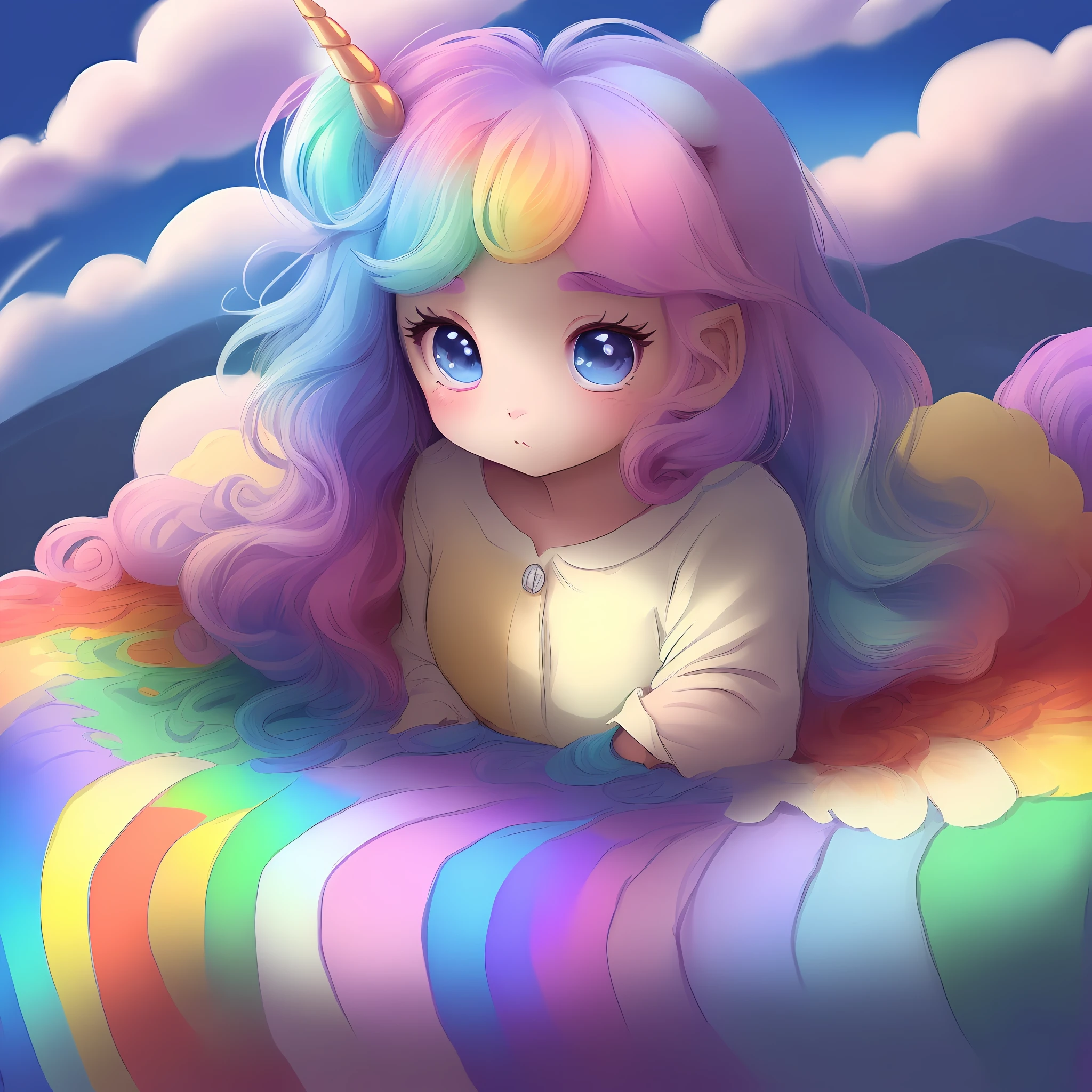 ((drawing:1.2,color drawing:1.2),(unicorn:1.5,color),(big eyes, cartoon style),(rainbow hair, horns, wings),(blue sky, flower field, rainbow) ,(new background)):0.8
