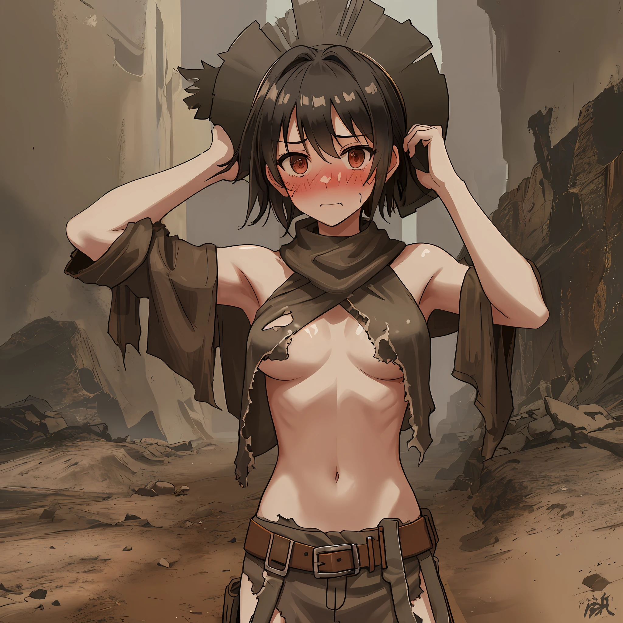 Wasteland background, canyon background, shirtless torn clothes, raider girl, best quality, ((embarrassed)), covering her bare chest with her hands, beautiful breasts, very embarrassed, reddened face, looking to the side