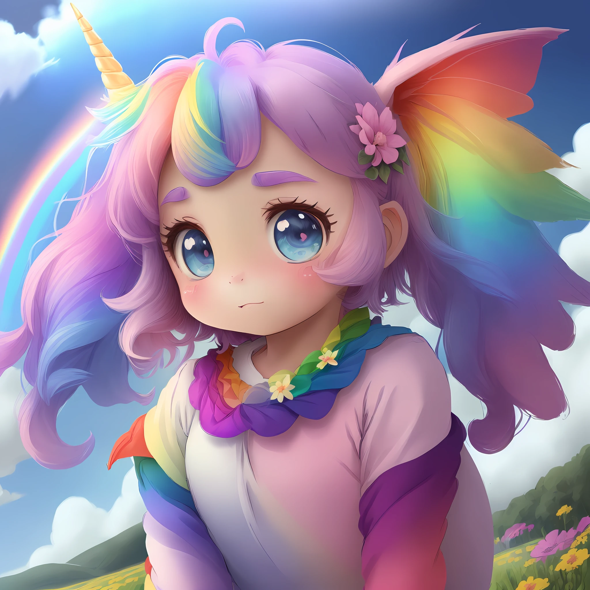 ((drawing:1.2,color drawing:1.2),(unicorn:1.5,color),(big eyes, cartoon style),(rainbow hair, horns, wings),(blue sky, flower field, rainbow) ,(new background)):0.8