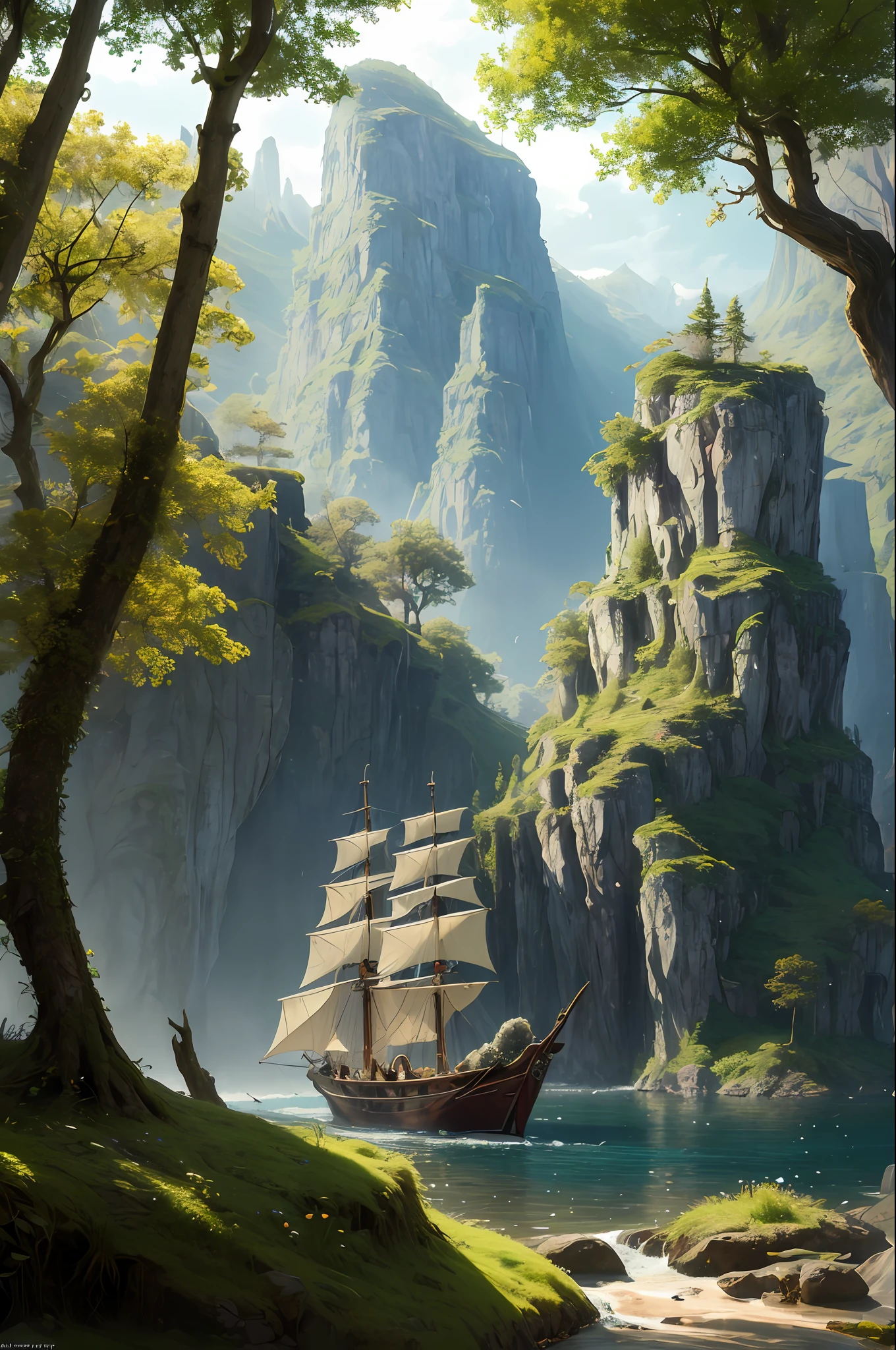 masterpiece, best quality, high quality,extremely detailed CG unity 8k wallpaper, An enchanting and dreamy scene of a sailing boat in fantasy forest, with towering trees, hidden fairy glens, creating a sense of mystique and enchantment, artstation, intricate, trending, award winning photography, Bokeh, Depth of Field, HDR, bloom, Chromatic Aberration ,Photorealistic,extremely detailed, trending on artstation, trending on CGsociety, Intricate, High Detail, dramatic, art by midjourney