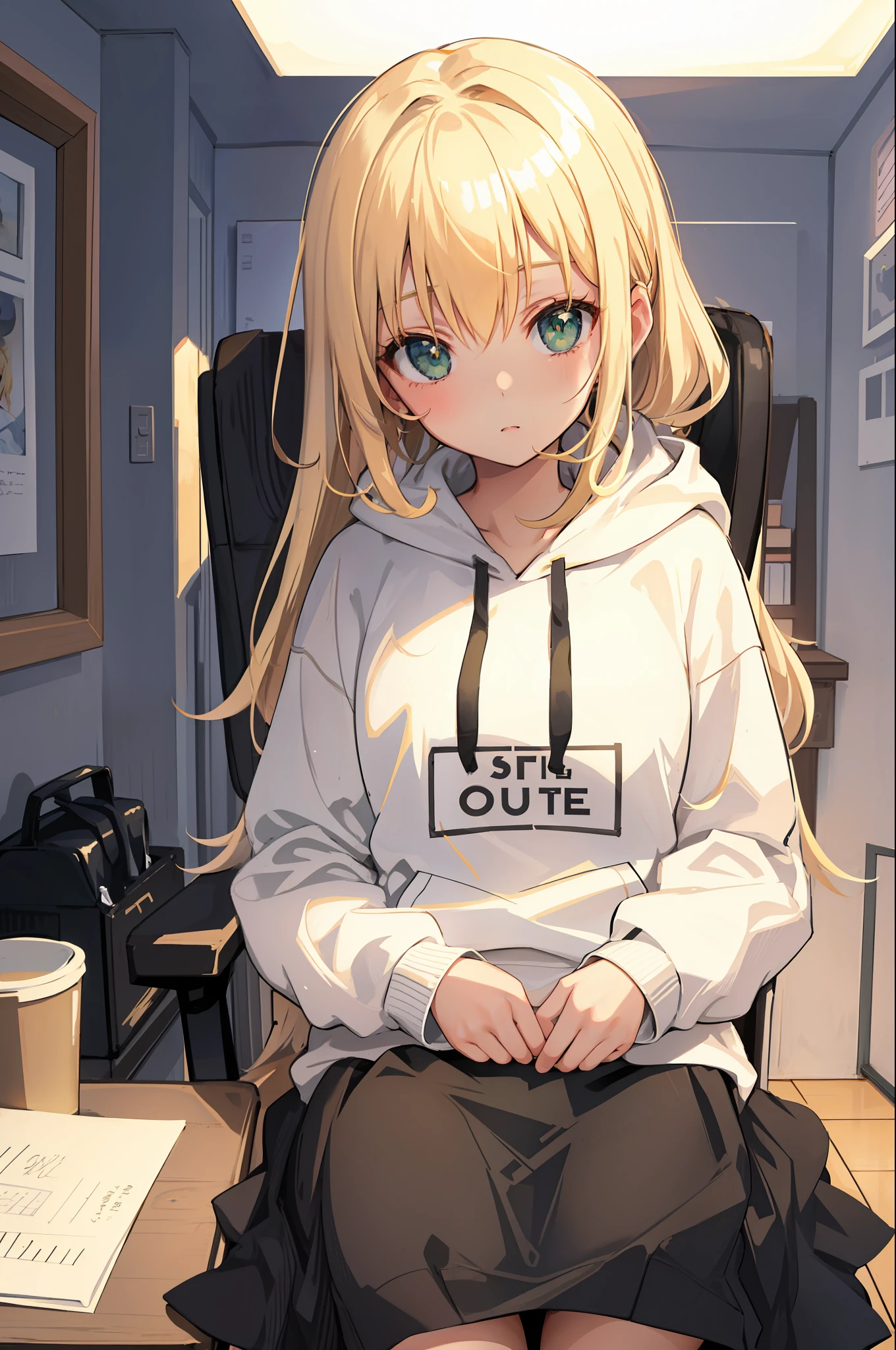 Masterpiece, best quality, sketch, closeup to a girl sitting in a chair desk, portrait, 1girl, li, solo, solo focus, blonde hair, beige color hair, beautiful detailed eyes, green eyes, (oversized hoodie, white hoodie), bedroom, backlight, close view, low perspective, (8k)