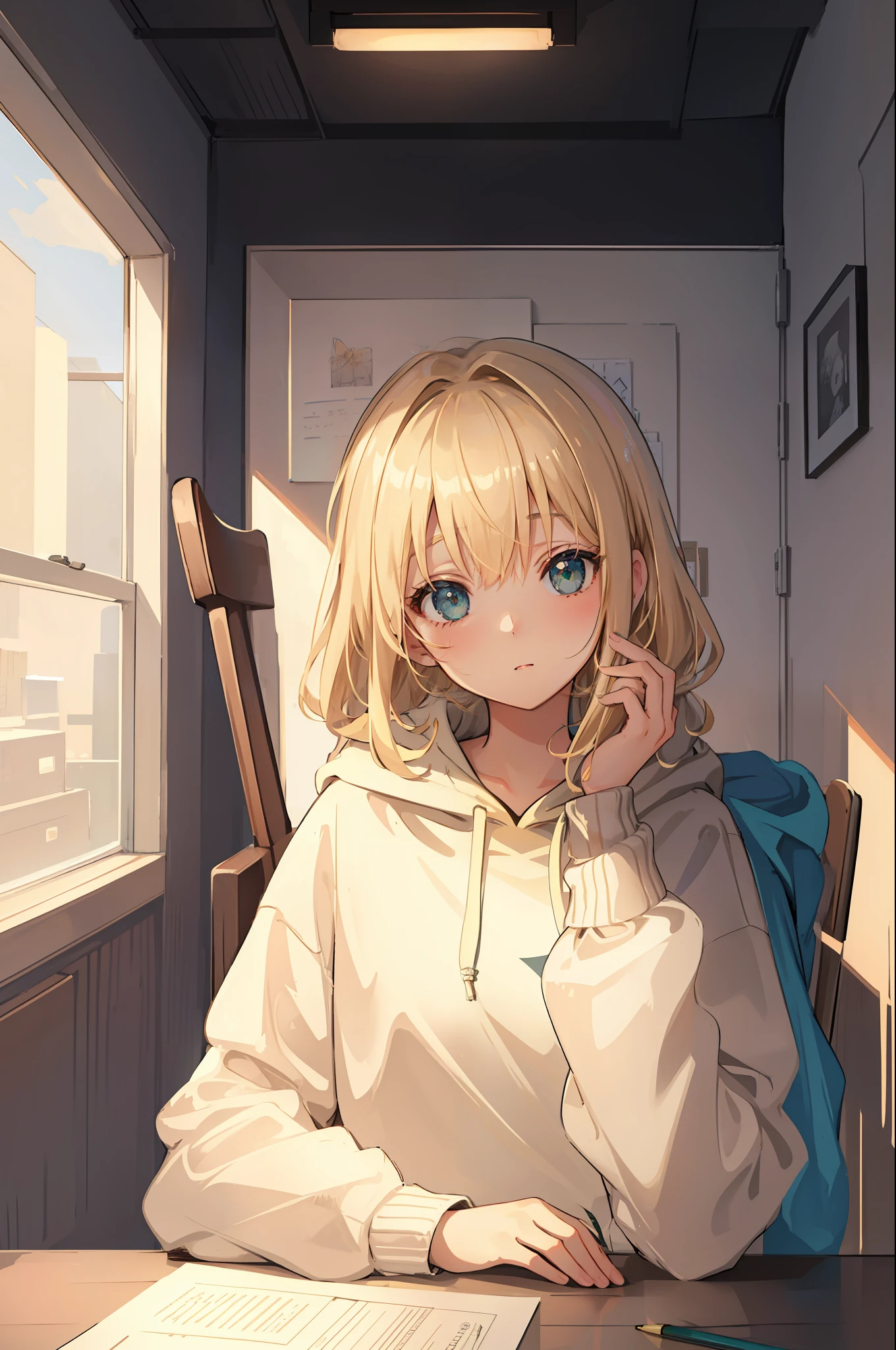 Masterpiece, best quality, sketch, closeup to a girl sitting in a chair desk, portrait, 1girl, loli, solo, solo focus, blonde hair, beige color hair, beautiful detailed eyes, green eyes, (oversized hoodie, white hoodie), bedroom, backlight, close view, low perspective, (8k)