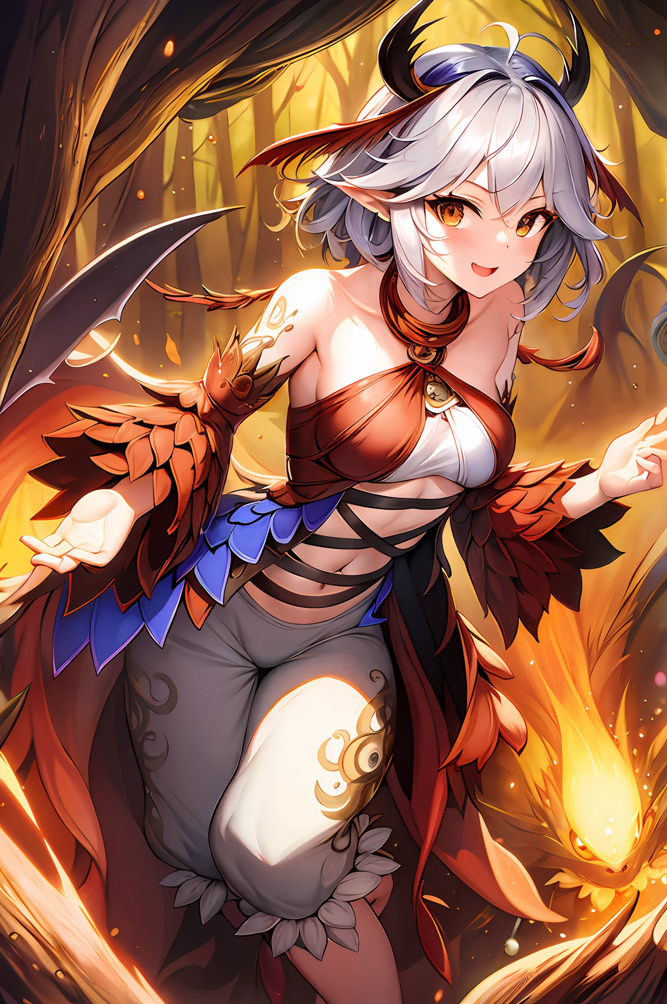 (masterpiece, best quality), traptrixmyrmeleo, 1girl, clothes pattern, bloomers, (facial mark:0.66), solo, evil smug, full body, flying, forest background, masterpiece, solo, (dynamic pose:1.2), flying in the forest, beautiful detailed eyes, finely detail, detailed face, vivid color, 5 fingers, finely detailed, hyper-detailed, detailed hand, 8k, finely detailed beautiful eyes, high-resolution illustration, best quality