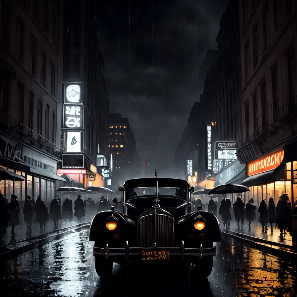 (masterpiece, best quality: 1.2), ultra-detailed face, (soft colors: 1.2, dark studio, rim lighting, two-tone lighting, dim light, low tone, ), ((heavy rain weather)), cover of long leather rain, a poster for a 1930s \(style\), detective film noir,(atmosphere noir:1), dark atmosphere, city night street, emphasis on color noir, New York in the 1930s and detective in office, desk with papers, trending on ArtStation, trending on CGSociety, Intricate, High Detail, dramatic and photorealistic painting art by midjourney and greg rutkowski,, two young men