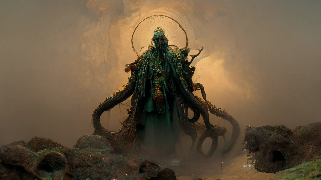 wide-shot, action, Epic Composition, photo of The most high (CthuluBishop:1) of the lovecraftian order of Cthulu