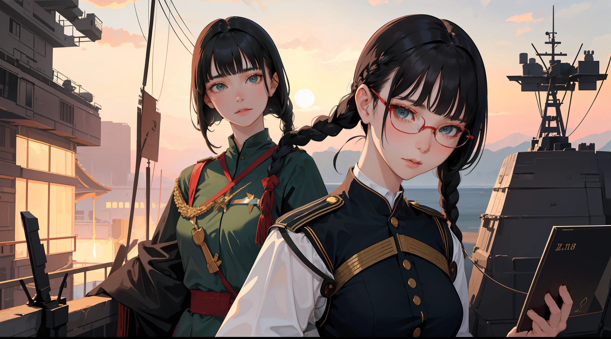 Beautifully detailed delicate face, beautiful detailed delicate eyes, perfect facial proportions, high-detailed skin, fine skin, best ratio four fingers to one thumb, masterpiece, detail High-detailed, realistic, (Refer to WWII German general&#39;s uniform : 1.8), highest face resolution, adult, modestly dressed woman, completely dressed, ( small, black hair, two straight braids) black side, 2 pigtails in the highest resolution, straight bob bangs, wearing red glasses, dark green eyes), futuristic, science fiction, warship, standing on an aircraft carrier, government agency, intelligent personality. deep, calm expression, respectful face, war, fighter plane