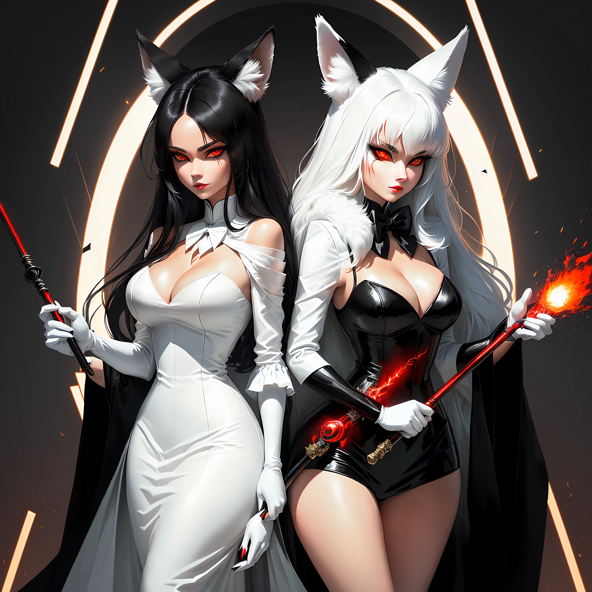 White and black fur anthropomorphic female fox in tuxedo, with different eye colors on cane, with red glow in eyes, two hands, looking fierce, dark iron forest background