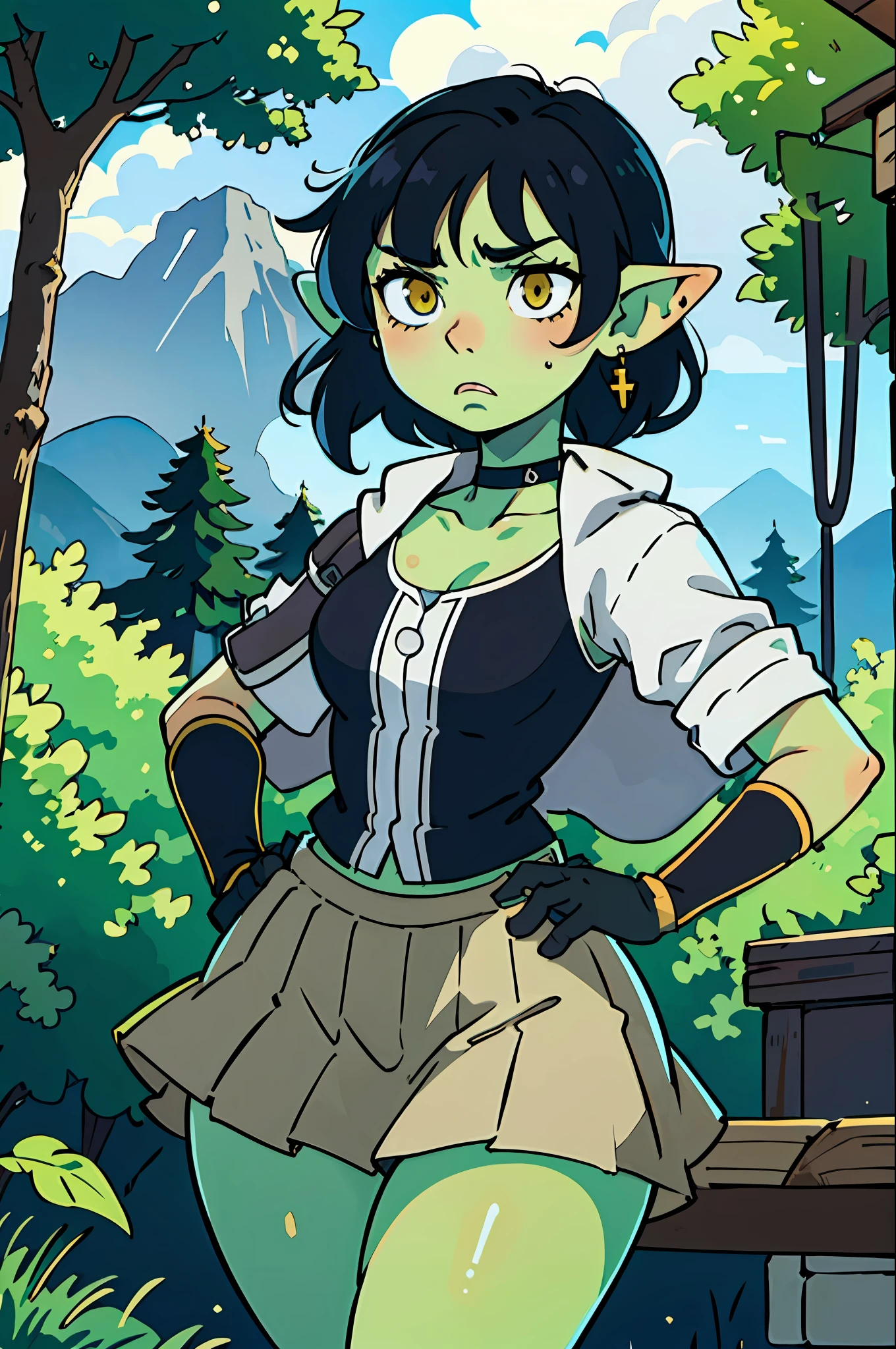 (best quality: 0.8), perfect anime illustration, masterpiece, natural light, 1 girl, goblin girl, 1 girl, solo, black hair, yellow eyes, jewelry, gloves, looking at viewer, earrings, hips, large chest, black gloves, wide hips, choker, thick thighs, spikes, black choker, shoulder armor, neutral expression, bangs, short hair, wavy hair, hands on hips, forest, outdoor, day, sun rays, crazy eyes , neckline, big ears, confident, ruins, angry, torn clothes, short skirt, sexy, green skin