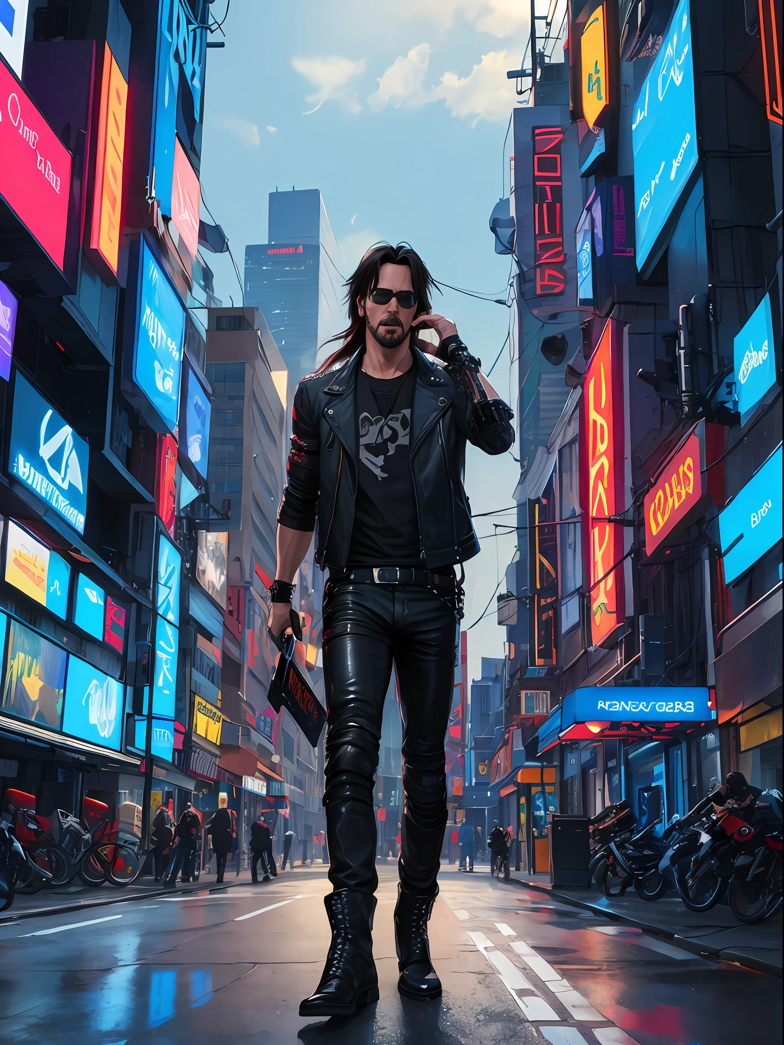 ((lineart)), (Keanu Reeves as Johnny Silverhand, ((long hair)), red aviator sunglasses, punk rock metal influence, black leather pants, biker boots, (jean jacket with cut off sleeves), patches, (left arm is chomed cybernetic), (empty hands), (cyberpunk city background), dramatic lighting, dynamic pose, paint colors, (detail:0.6), (style-rustmagic:0.5), masterpiece, (illustration), jim lee