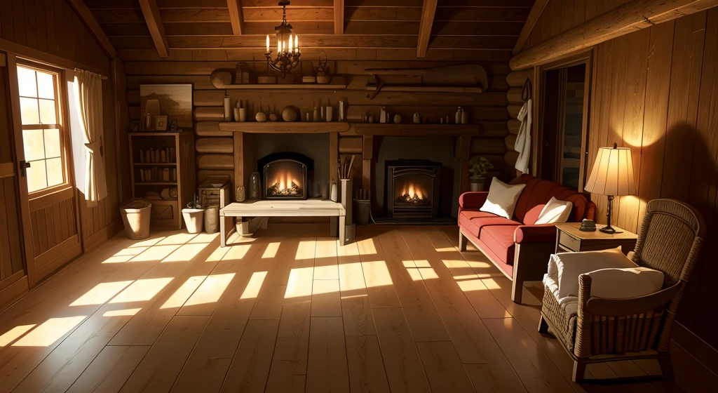 cabin interior, complete with wooden walls adorned with various hunting trophies, antlers, and animal hides. A large stone fireplace dominates one wall, casting flickering shadows across the room as flames dance within. A bearskin rug covers part of the dirt floor, adding texture and depth to the scene. The furniture consists of a sturdy wooden table and benches, along with a few comfortable armchairs upholstered in thick fabric. BREAK rustic, dusty, well aged, volumetric lighting, cluttered