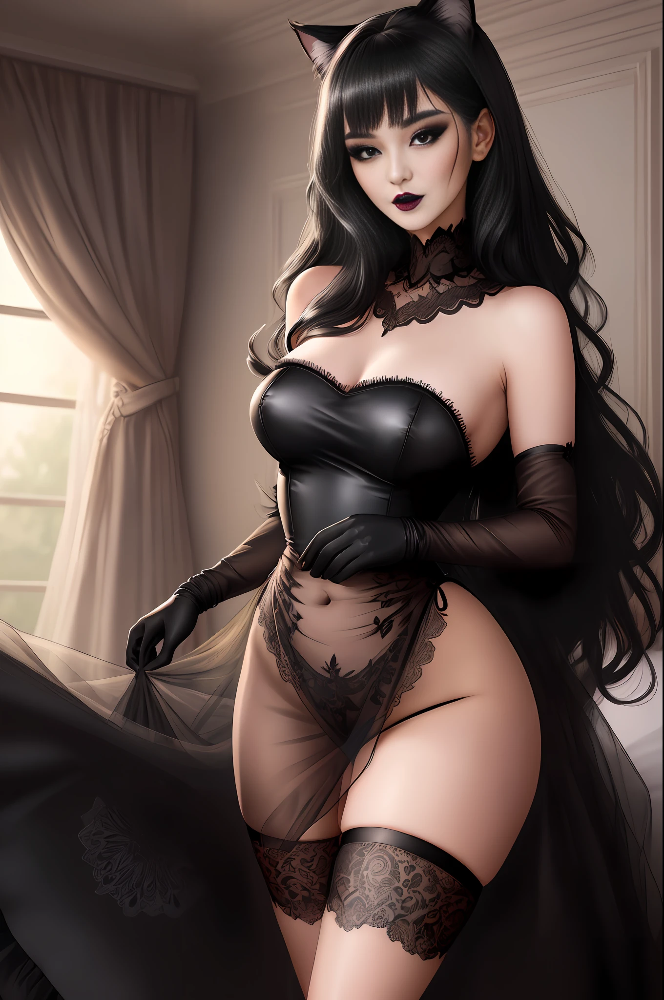 A beautiful girl with an innocent face, semi-human with cat ears, western appearance, ultra realistic, medium voluminous, firm and pointed breasts, long and provocative neckline, detailed eyes, thin waist, (short shoulder-length black hair, turned-out ends, black lipstick, black gloves, smoky makeup, black stockings), short provocative, wild beauty. She is wearing thin, black, open sheer sheet, {tulle fabric}, black lace panties, leotards, wild, exotic, standing beside bed, seducing, bedroom, sheets, pillows, short sassy, naughty smile, look and provocative face, (realistic and detailed photo, best quality, a masterpiece, 8K, vibrant colors, hyper detailed) realistic style,