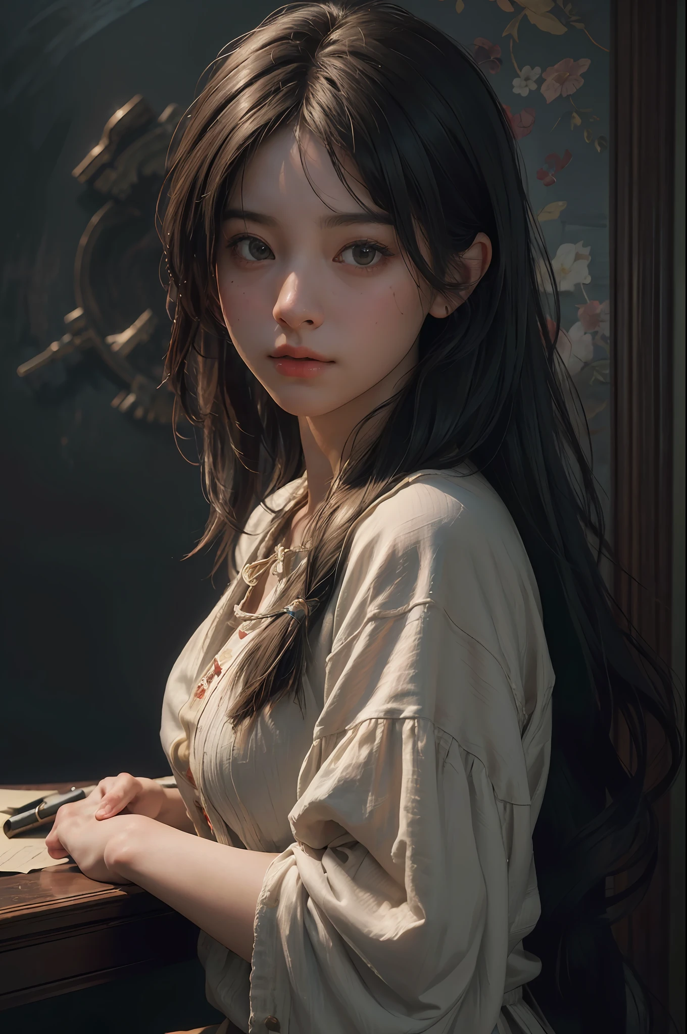 (RAW photo, best quality), (realistic, photo-realistic:1.3),best quality,highly detailed,masterpiece,ultra-detailed,illustration,1girl,upper_body,dynamic angle,world masterpiece theater,messy_long_hair,best quality,extremely detailed CG unity 8k wallpaper,ink,Amazing,cinematic lighting,lens_flare, dunhuang_style