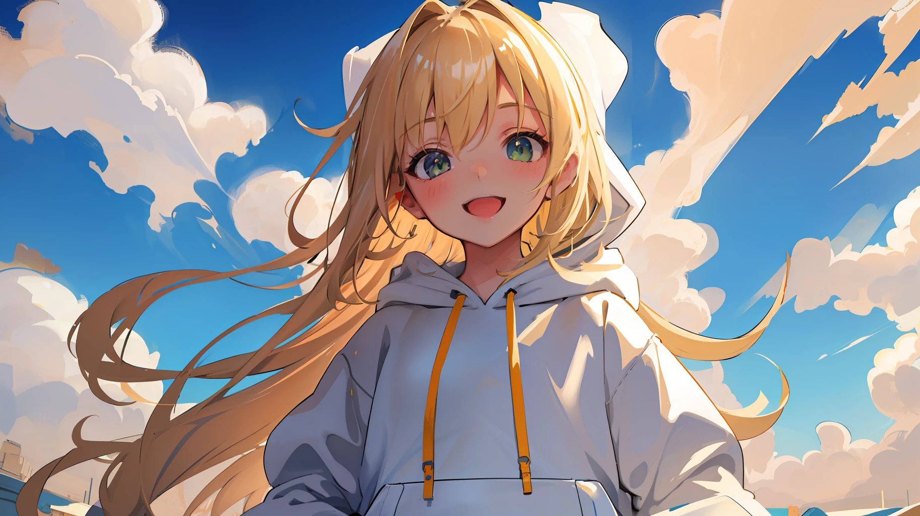 Masterpiece, best quality, sketch, closeup to a girl walking in an airplane's wing, portrait, 1girl, loli, solo, solo focus, blonde hair, beige color hair, beautiful detailed eyes, green eyes, (oversized hoodie, white hoodie), smile, big smile, backlight, close view, low perspective, (8k), beautiful sky, detailed clouds