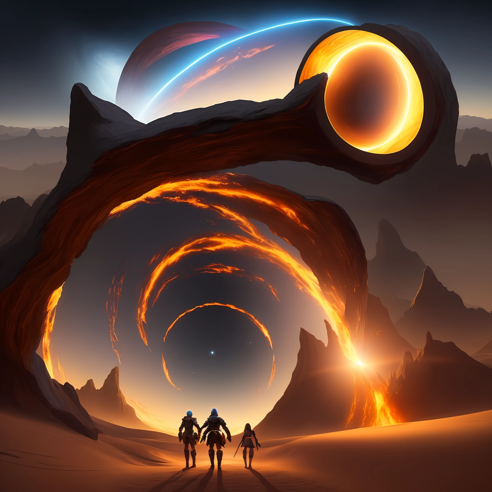 (endgate style:1) a giant black hole shaped like a three dimensional portal lit over the desert surrounded by mountains and three heroes heading back to their world