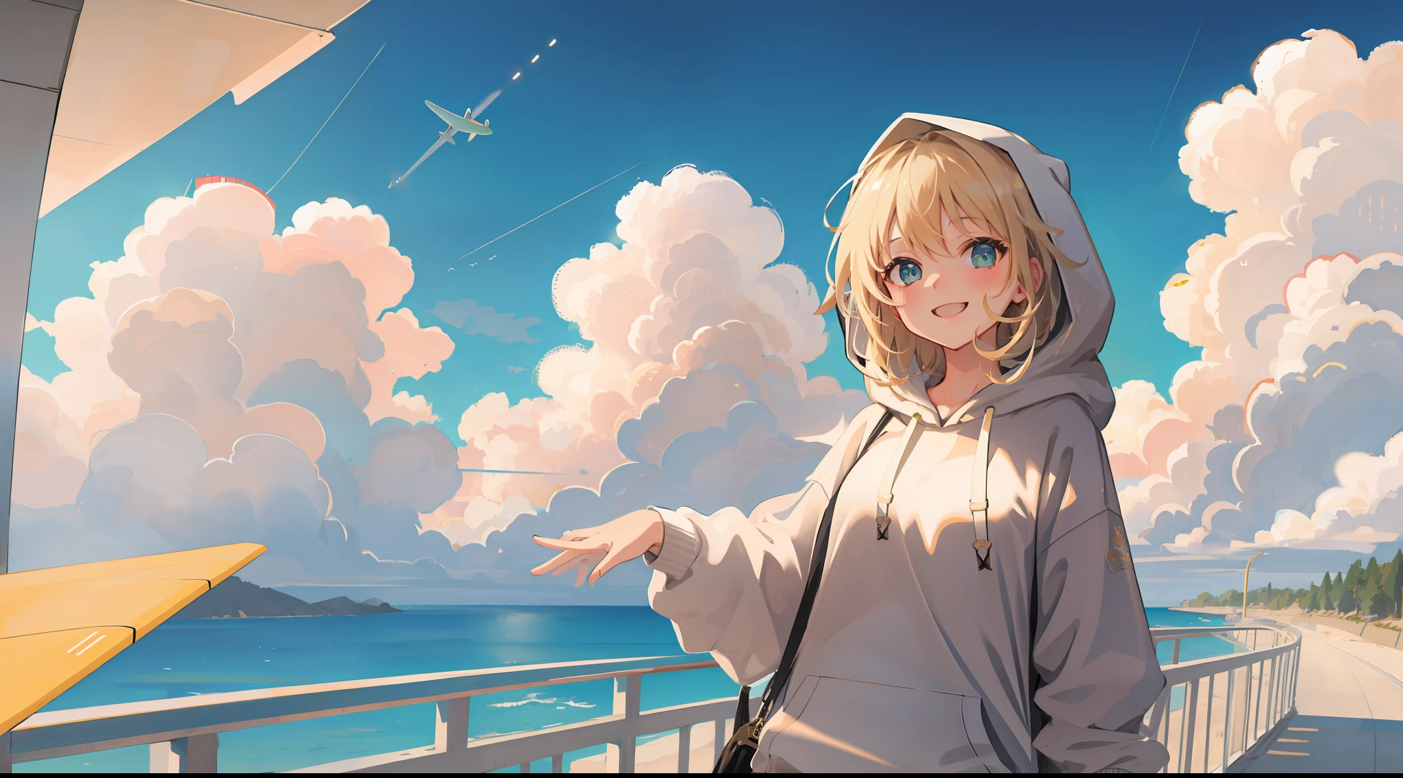 Masterpiece, best quality, sketch, far view to a girl walking in an airplane's wing, portrait, 1girl, li, solo, solo focus, blonde hair, beige color hair, beautiful detailed eyes, green eyes, (oversized hoodie, white hoodie), smile, big smile, airplane, backlight, far view, low perspective, (8k), beautiful sky, detailed clouds