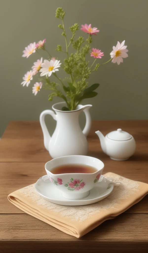 (masterpiece,best quality,highres,ultra_detailed:1.2), simple background, still life, rule of thirds, tea,flowers,breakfast,pancakes,cloth,berries,herbs,plants,succulent,cactus