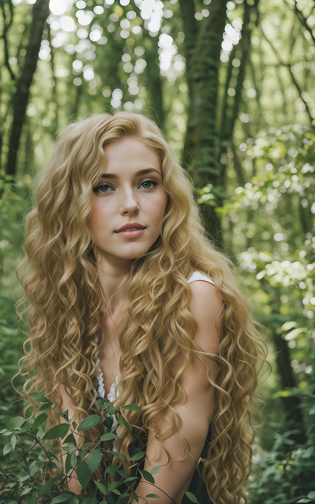 blond woman with long hair posing in the woods with a bush, curly blonde hair | d & d, curly dirty blonde hair, curly blonde hair, long curly blonde hair, long curly blond hair, long curly light blond hair, blonde curly hair, curly blond, long messy curly hair, very very long blond curly hair, long fluffy blond curly hair, curly blond hair