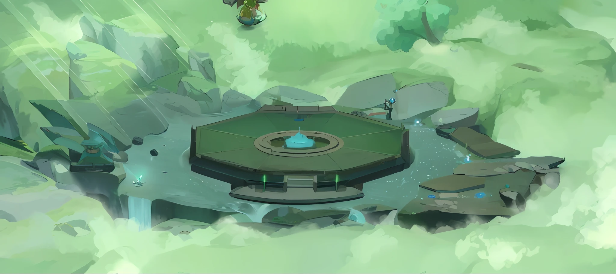 there is a small circular structure in the middle of a green field, odin's stone arena background, arena background, legend of korra setting, midgar, temple background, background aerial battle, mysterious temple setting, background art, gigantic landing pad, helipad, deviantart eka's portal, wakfu colors + symmetry, scales made of jade, background fortress