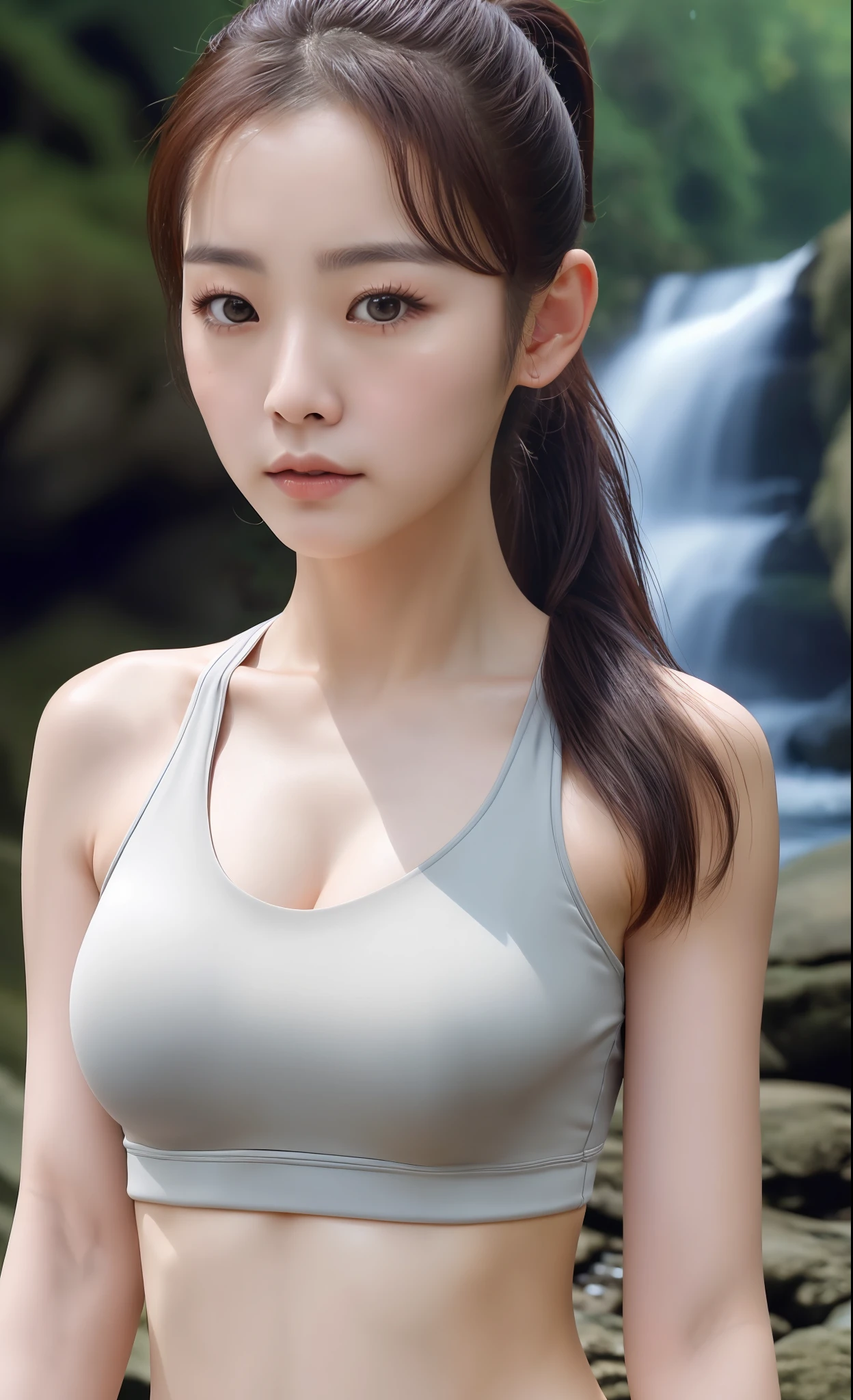 Realistic photo of (1cute Korean actress),ponytail hair, crop top, medium breast size,at the waterfall, close up, Canon EOS, clear facial features, 8K, highly detailed, background blur