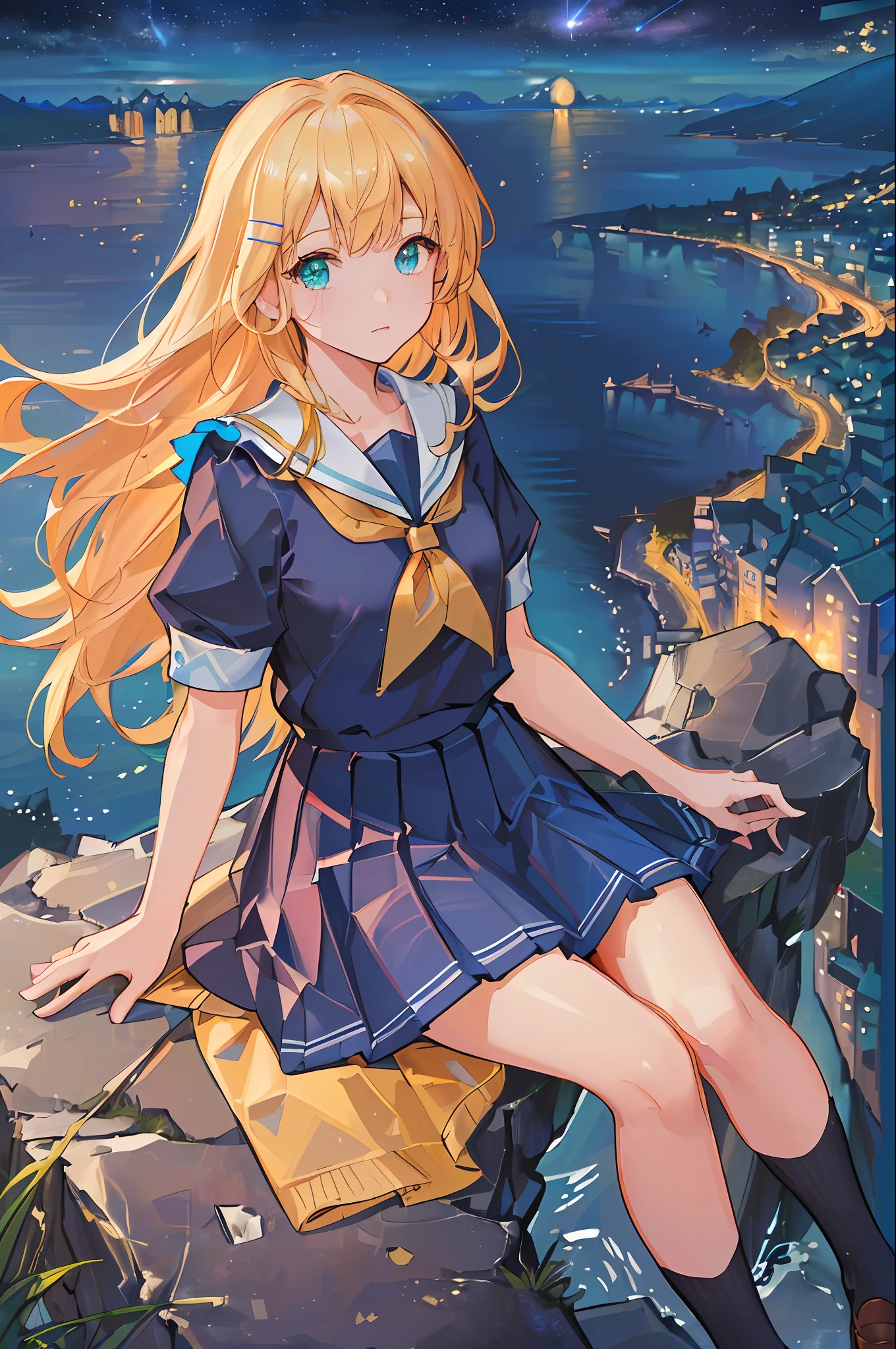 (((masterpiece: 1.5, best quality, high resolution: 1.3, super resolution, super detailed, ultra detailed:1.3, rich background:1.2))), ((close up)), 1girl, solo, green eyes, blonde long hair tied with blue ribbon, blunt bangs, cute hairpin, school uniform, white serafuku, red sailor collar, short sleeves, blue pleated skirt, (outdoor), ((sitting on the edge of cliff)), (on top of hill), ((city scenery behind: 1.3)), scenery, ((nighttime)), dark, (lowlight: 1.1), moon, (moonlight: 1.2), ((dynamic light: 1.4)), ( meteor shower: 1.5)