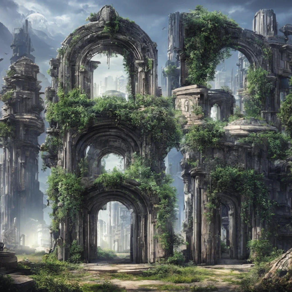 ancient portal with old decorate,realistic cyberpunk, big leafs, growning on the portal surface, depth of field, cyberpunk metroloist in the background