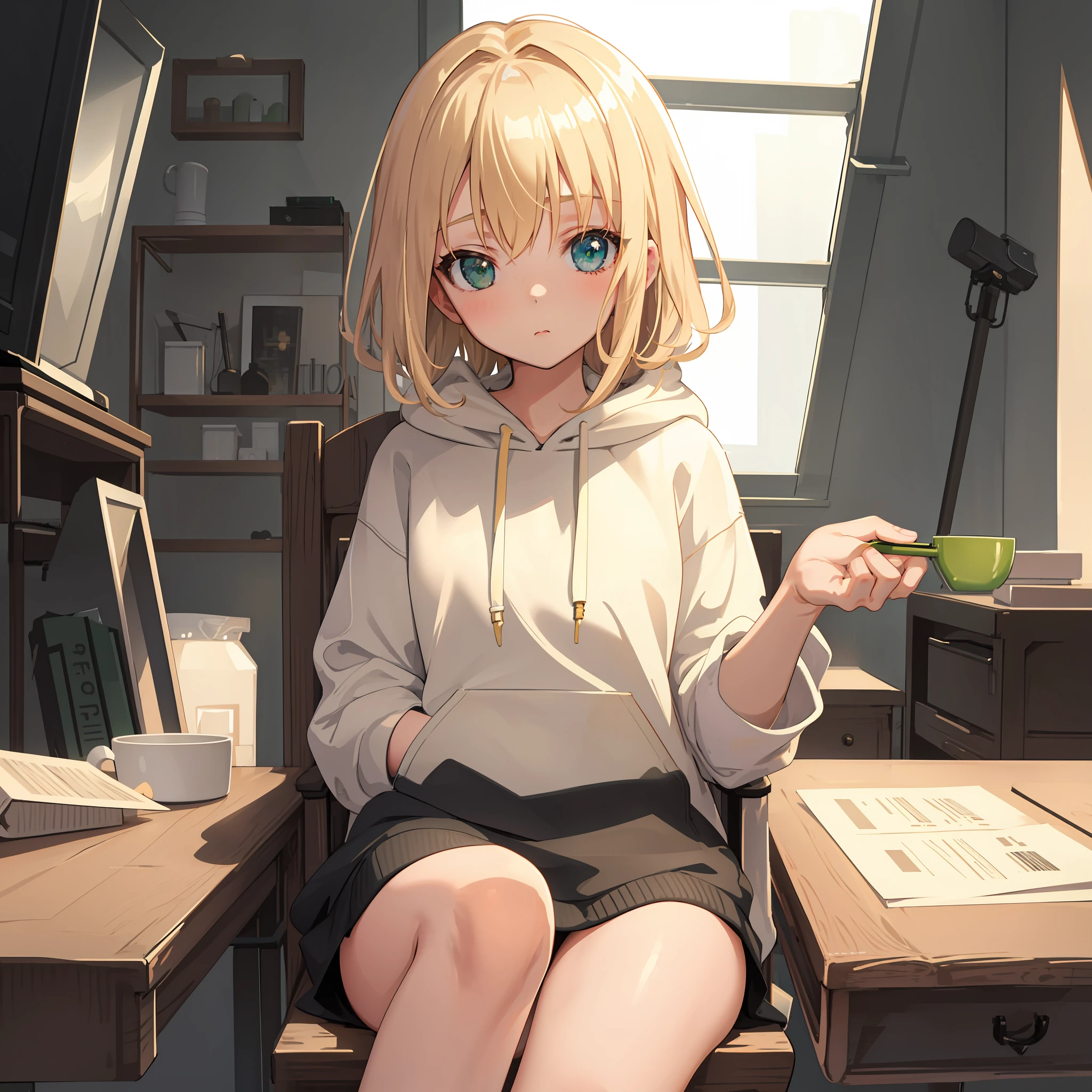 Masterpiece, best quality, strong outlines, closeup to a girl sitting in a chair desk, portrait, 1girl, loli, (solo), solo focus, face focus, blonde hair, beige color hair, beautiful detailed eyes, green eyes, (oversized hoodie, white hoodie), bedroom, backlight, close view, low perspective, (8k)