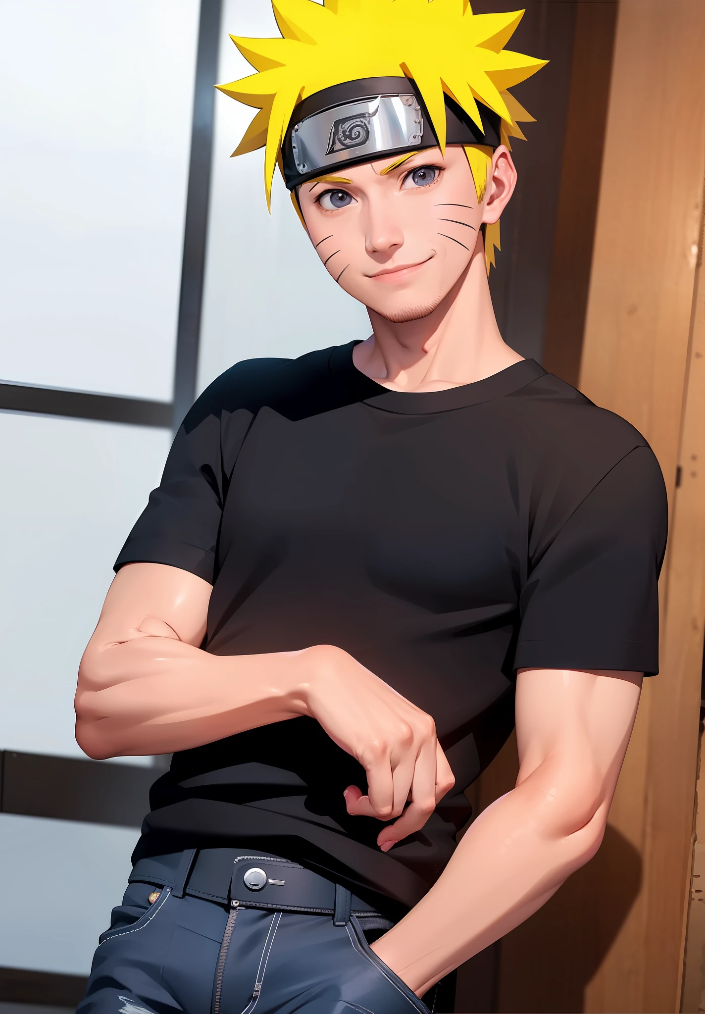 (A realistic and detailed portrait of) Naruto with a bright smile, wearing a stylish black t-shirt and casual jeans, with sharp and sophisticated details.