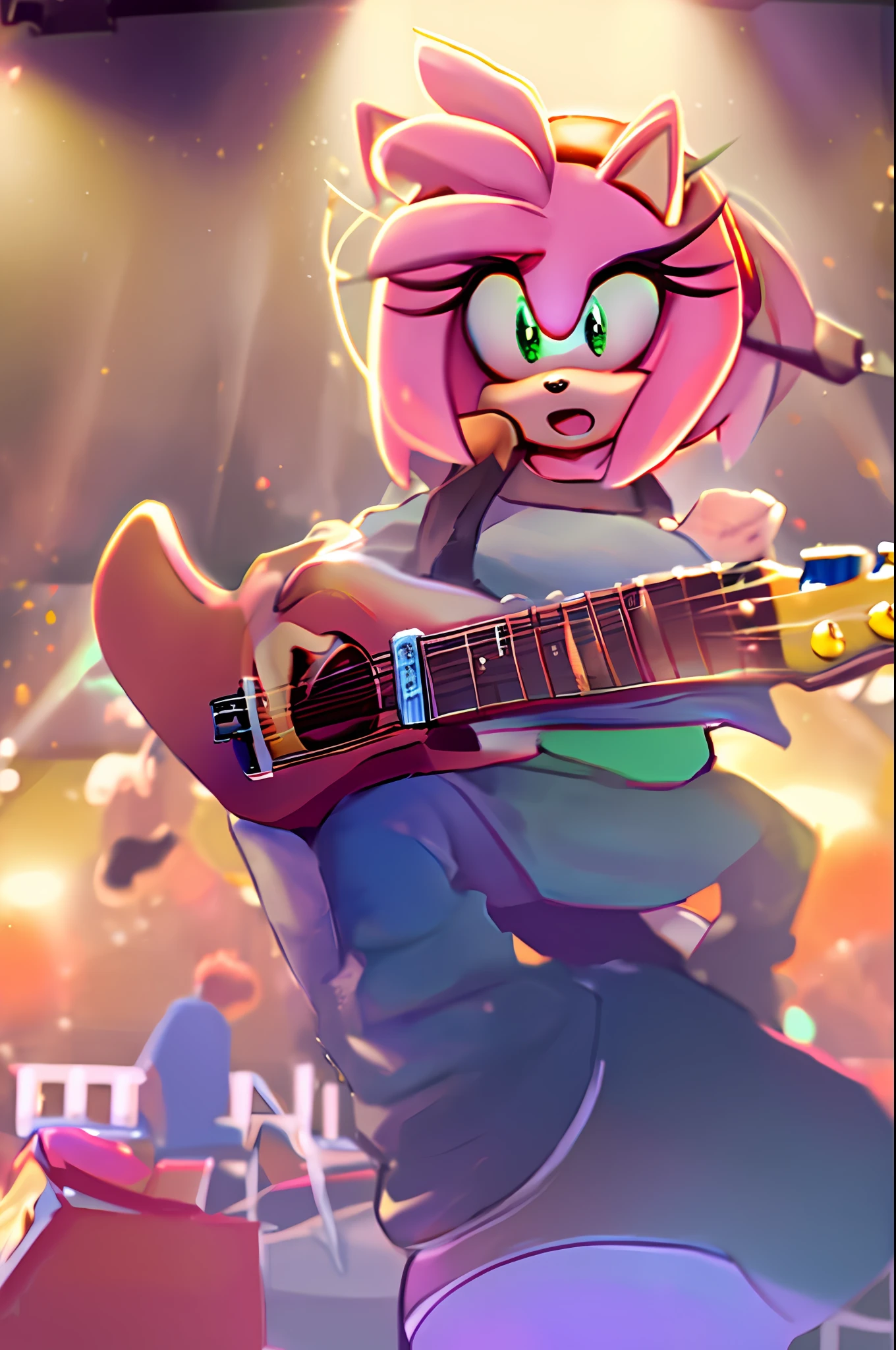 amy rose, full body, guitar, stage, jumping, crowd, casual clothes, masterpiece, soft lighting, very detailed, detailed background, field of view, intricate details, pastel