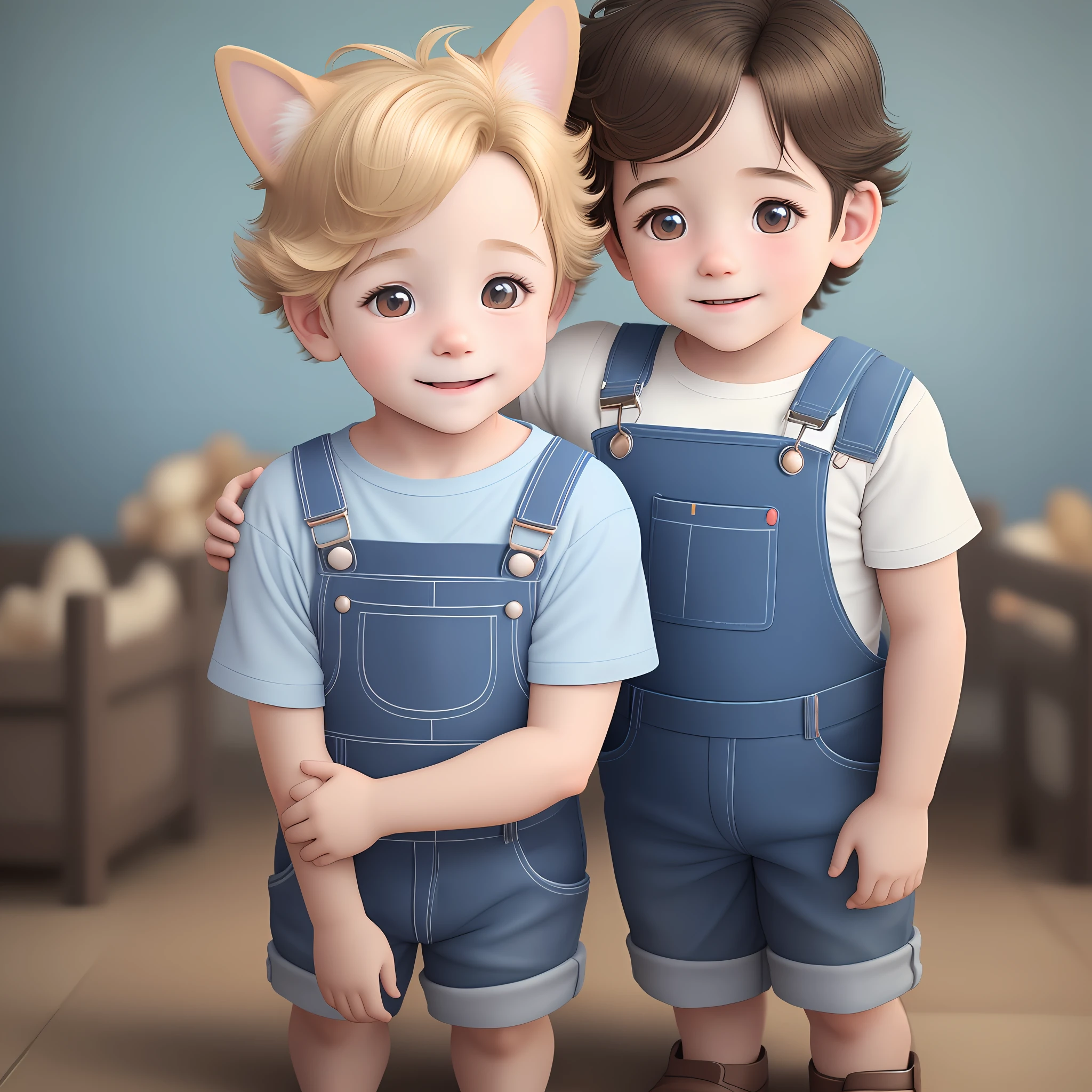 A 3-year-old boy in blue overalls is holding a corgi dog. The picture is very warm and healing, cute, with realistic details, clean and bright background, 3D rendering, super details, Disney style