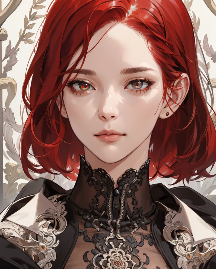 (absurd, highres, ultra detailed), 1girl, mature woman, intricate details, enlarged textures, intricate details, finely detailed eyes and detailed face, intricate details, red hair, (closed mouth),