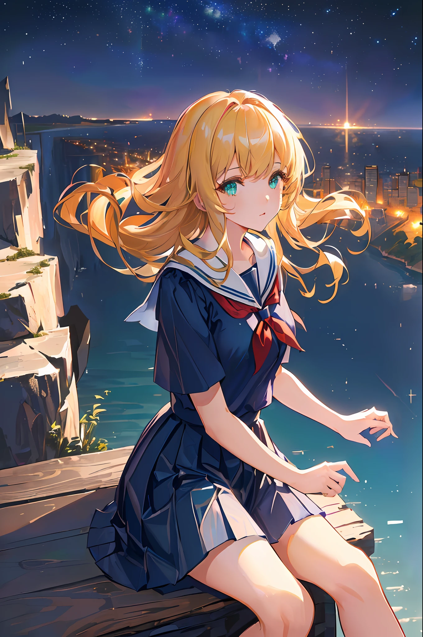 (((masterpiece: 1.5, best quality, high resolution: 1.3, super resolution, super detailed, ultra detailed:1.3, rich background:1.2))), ((close up)), 1girl, solo, green eyes, blonde long hair tied with blue ribbon, blunt bangs, cute hairpin, school uniform, white serafuku, red sailor collar, short sleeves, blue pleated skirt, (outdoor), ((sitting on the edge of cliff)), (on top of hill), ((city scenery behind: 1.3)), scenery, ((nighttime)), dark, (lowlight: 1.1), moon, (moonlight: 1.2), ((dynamic light: 1.4)), ( meteor shower: 1.5)