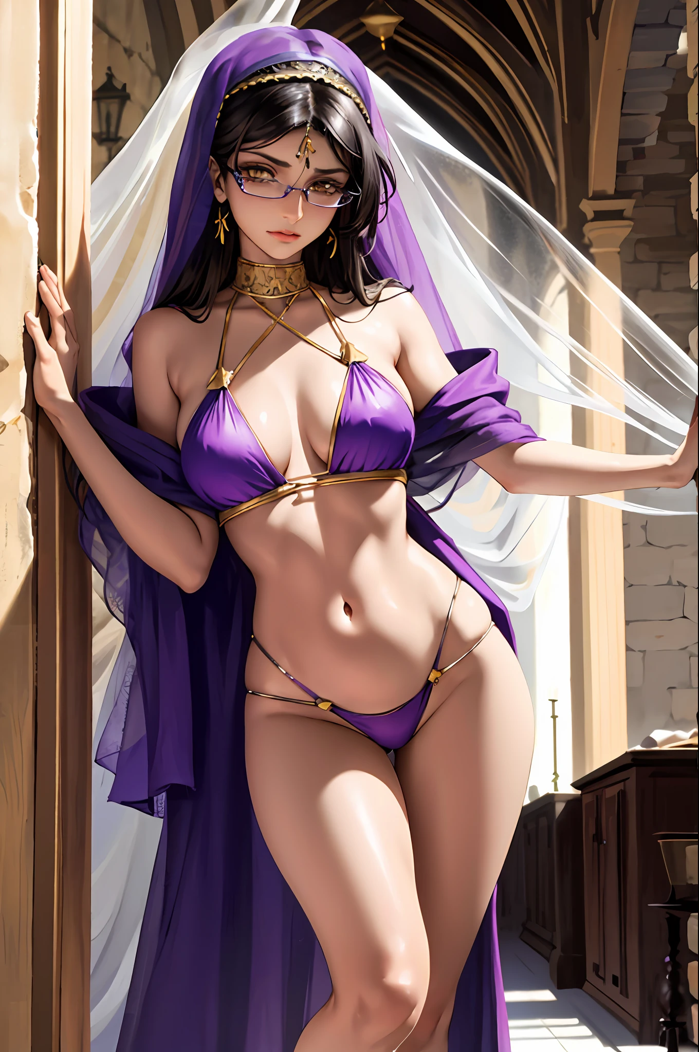 Mia Khalifa, beautiful woman, with yellow pupils, contempt in her eyes, a cold expression, a haughty posture, a purple transparent veil, showing her chest and shoulders , showing her navel and thighs, looking up at the camera, in a medieval inn.